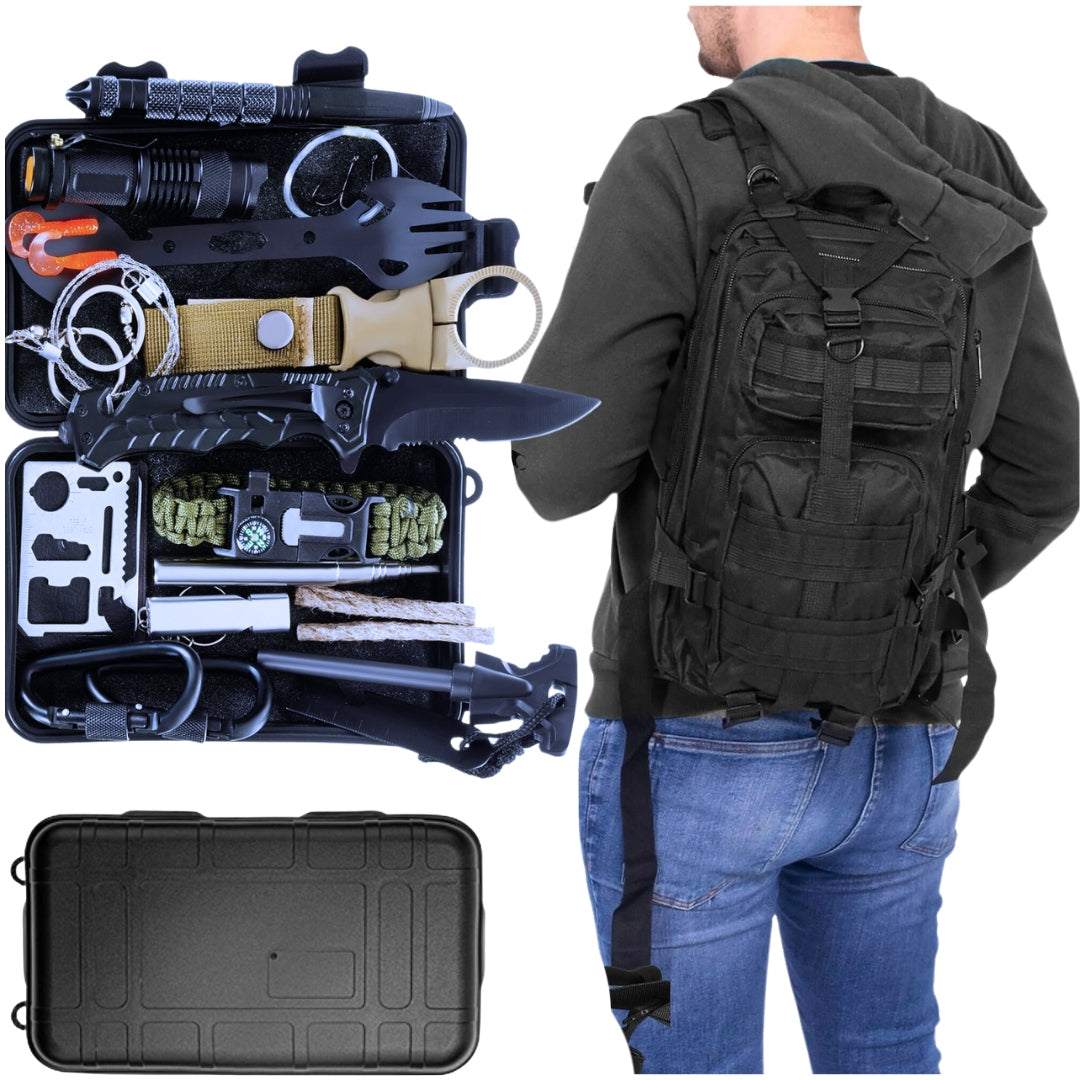 GOOD TACTICAL MILITARY BACKPACK 35L - BLACK + KNIFE + FLASHLIGHT + 32IN1 SET Packaging status original