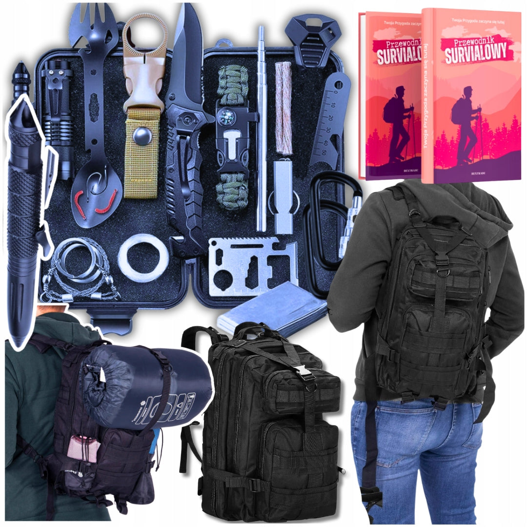 GOOD TACTICAL MILITARY BACKPACK 35L - BLACK + KNIFE + FLASHLIGHT + 32IN1 SET