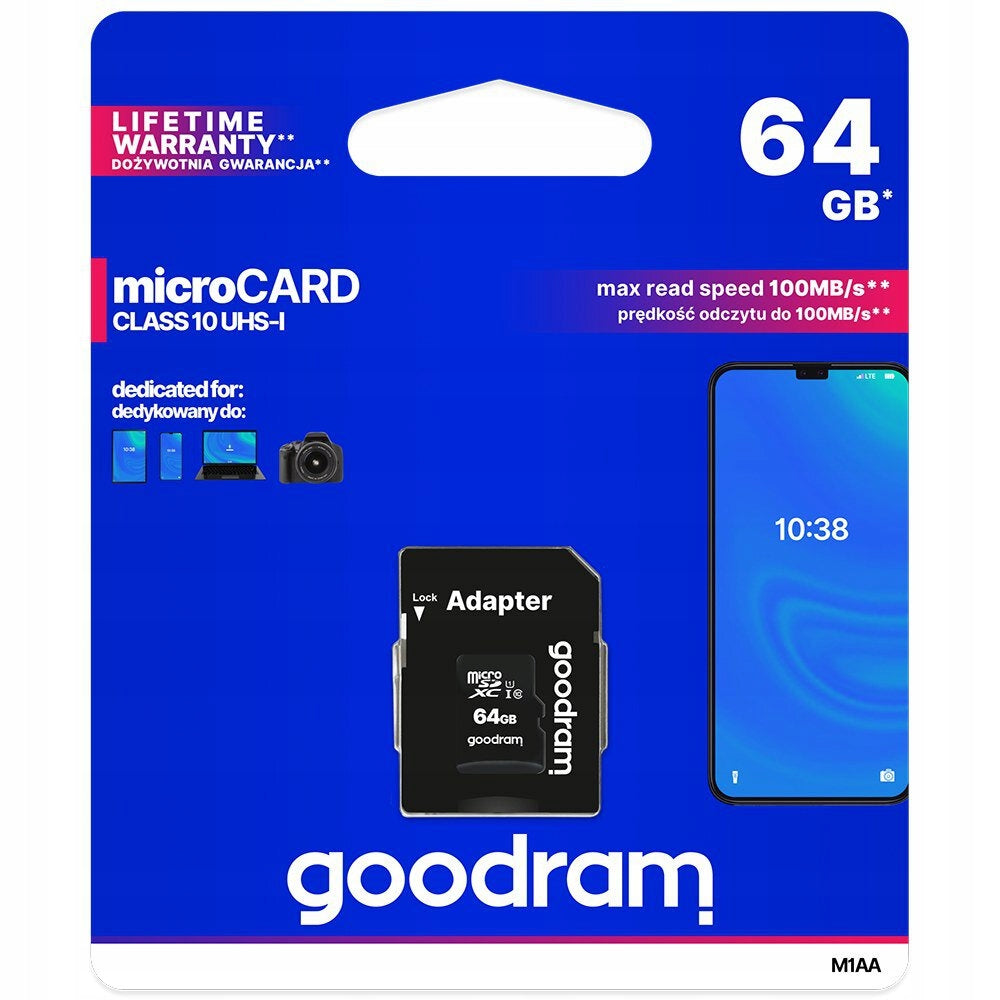 GOODRAM 64GB C10 UHS Adapter MicroSD card 100MB/s Manufacturer code Karta MicroSD GOODRAM 64GB C10 UHS