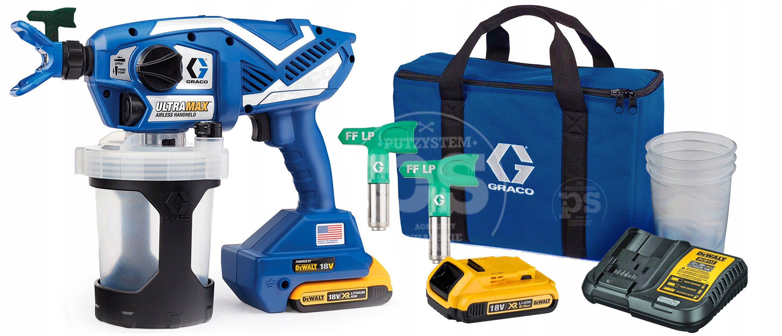 GRACO ULTRAMAX PAINT GUN ( 2 x AKU. 2AH DEWALT+ NICE ) + BAG Manufacturer code 17M368