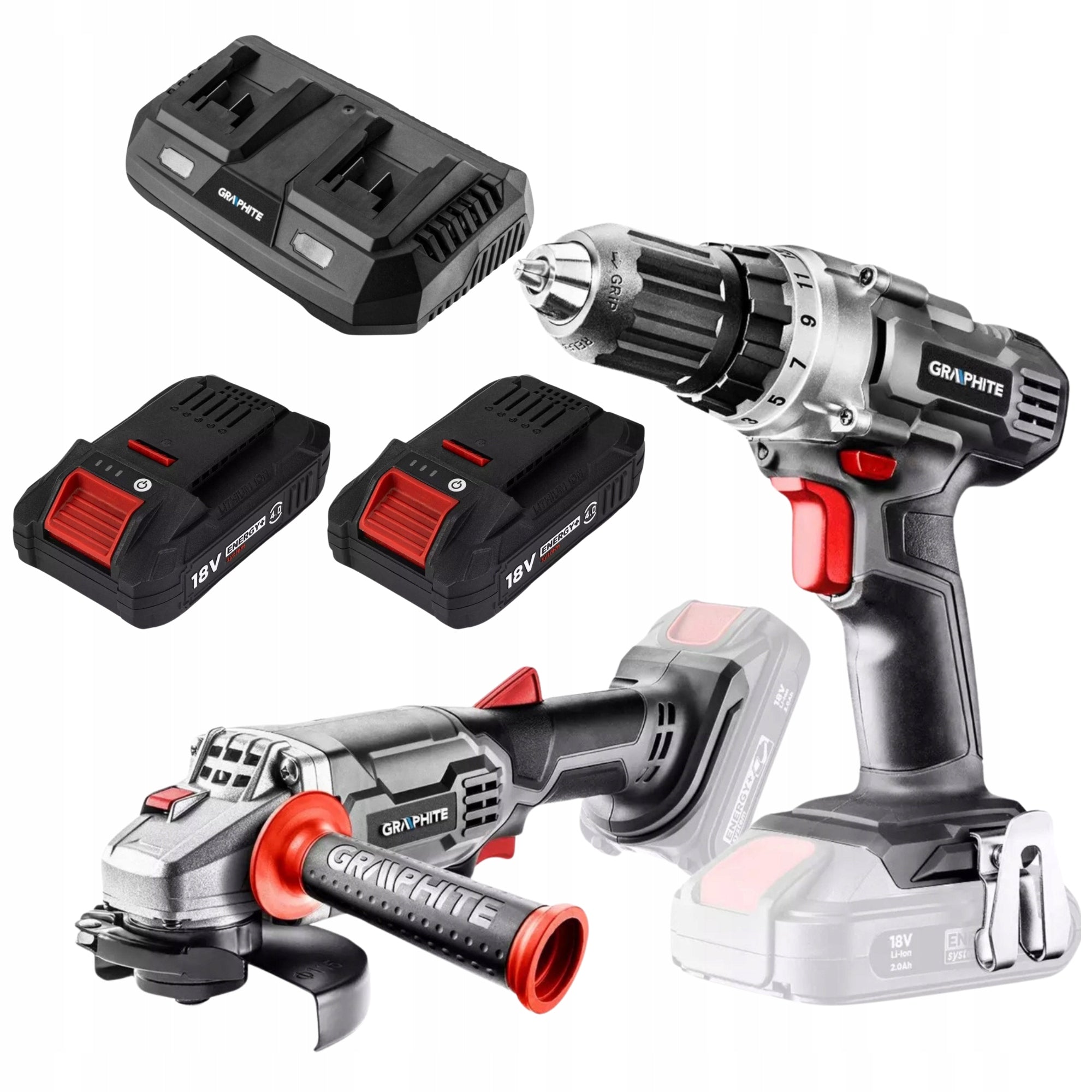 GRAPHITE Drilling Machine + Angle Grinder + 2x Battery + Charger