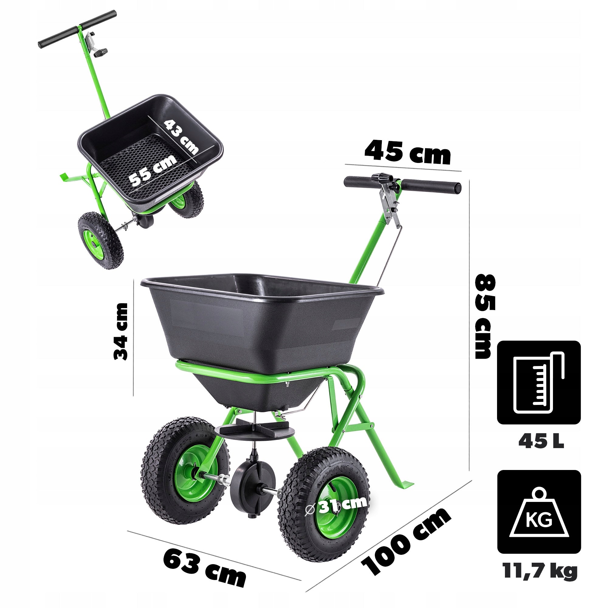 GRASS SEEDER 45L MANUAL SAND SALT SEED FERTILIZER SPREADER ON WHEELS Packaging status original