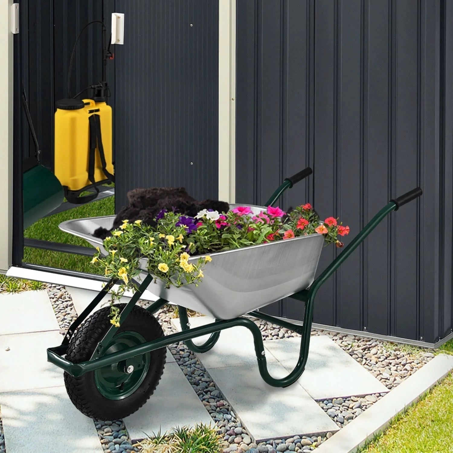 GREEN CONSTRUCTION GARDEN WHEELBARROW 210 KG 100L + WORK GLOVES Manufacturer code 21062