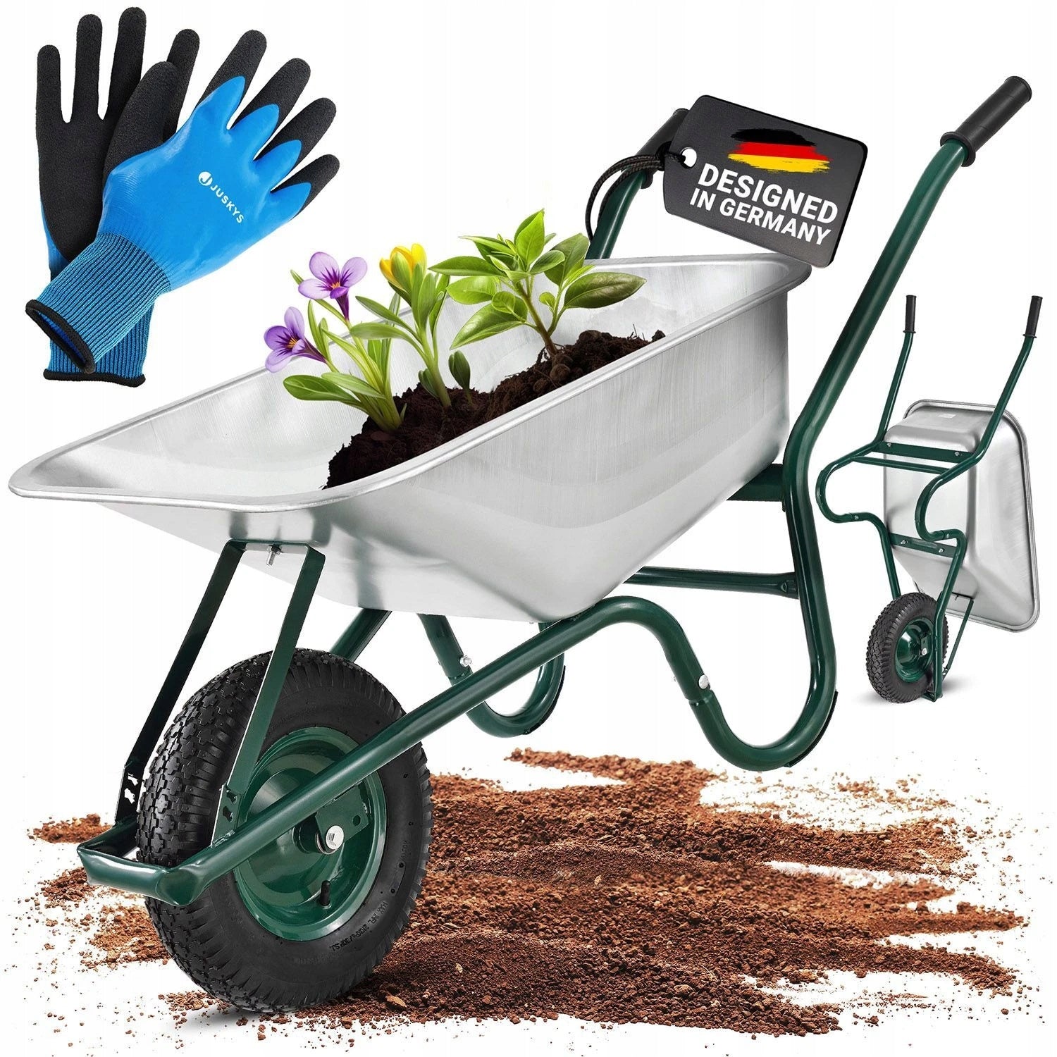 GREEN CONSTRUCTION GARDEN WHEELBARROW 210 KG 100L + WORK GLOVES