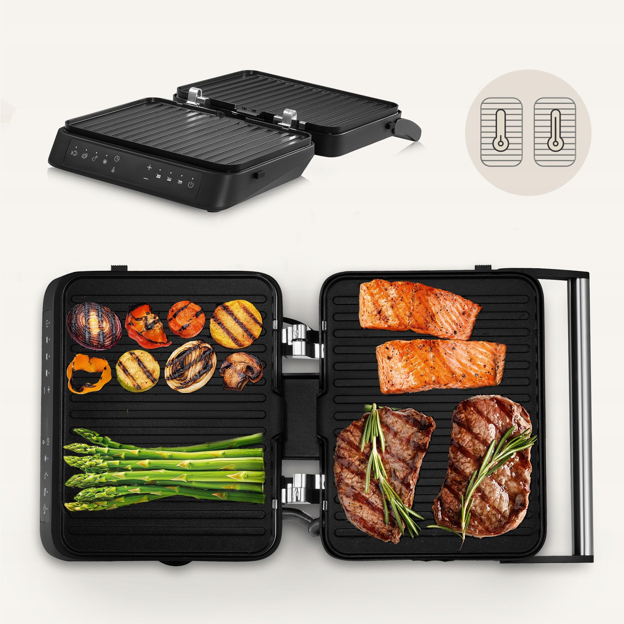 GRILL ELECTRIC FOLDING TOASTER 2000W Timer Panini 2 THERMOSTATS Dominant color black