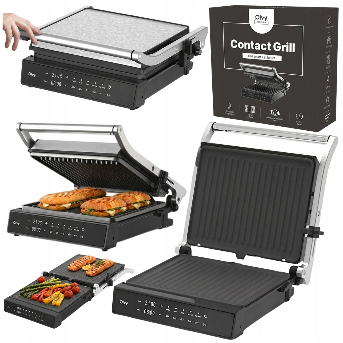 GRILL ELEKTRYCZNY XL 2000W Z WYJMOWANYMI PŁYTAMI OTWIERANY DO 180° OLVY