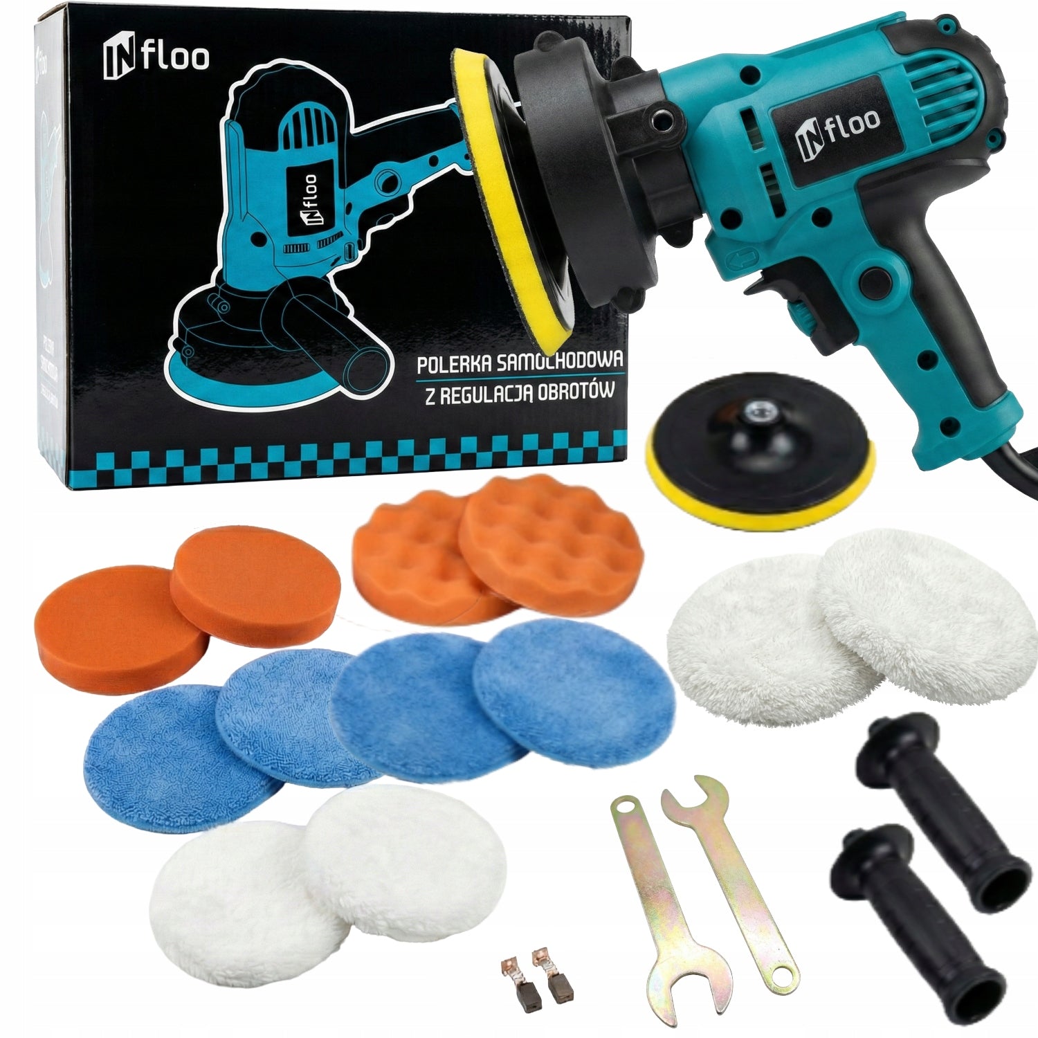 GRINDER CAR POLISHER POLISHING MACHINE 600-3700RPM+POLISHING SET Manufacturer code Polerka INfloo1+ Zestaw polerski z mikrofibrą