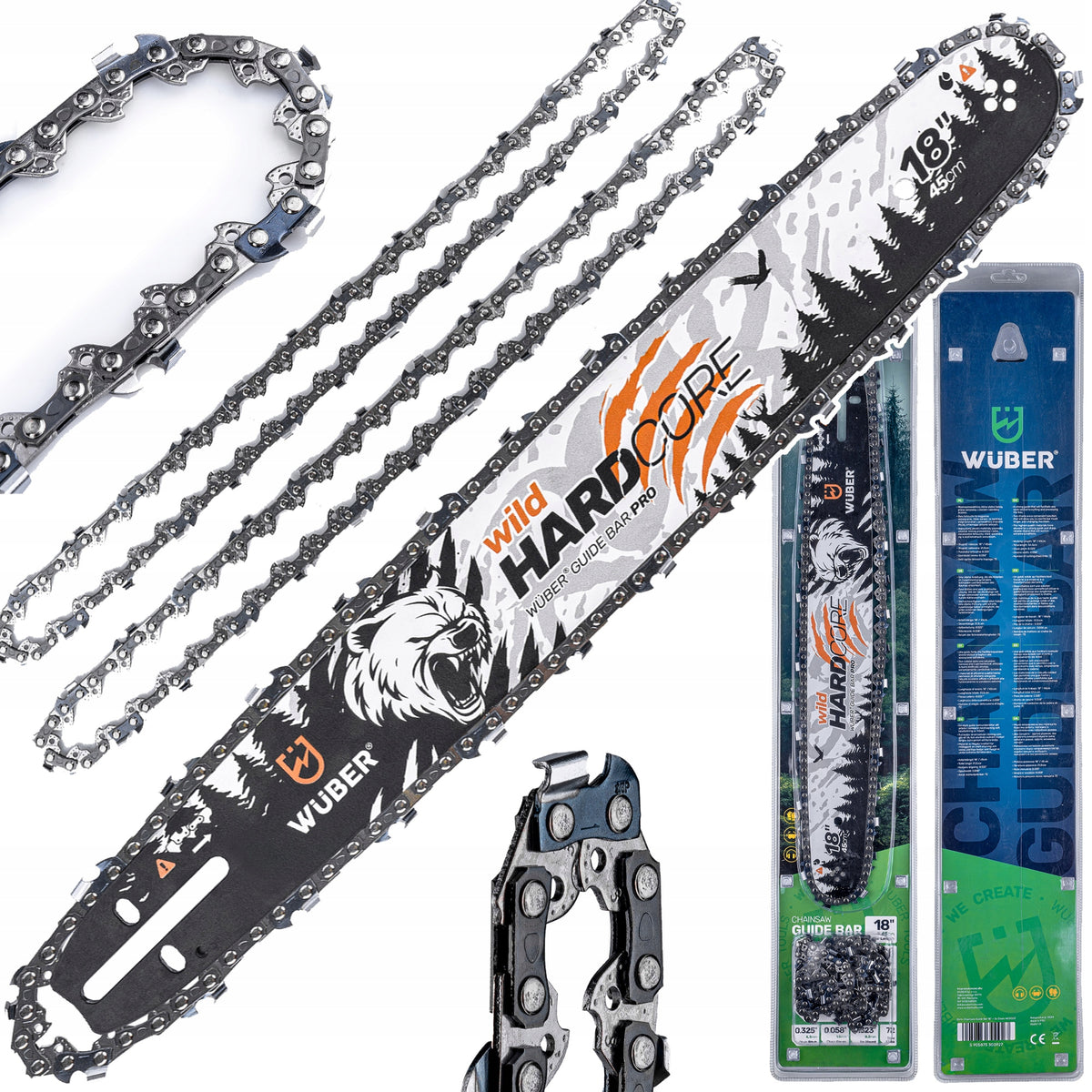 GUIDE FOR CHAINSAW 18" 45CM + 2X CHAIN 0.325" WUBER