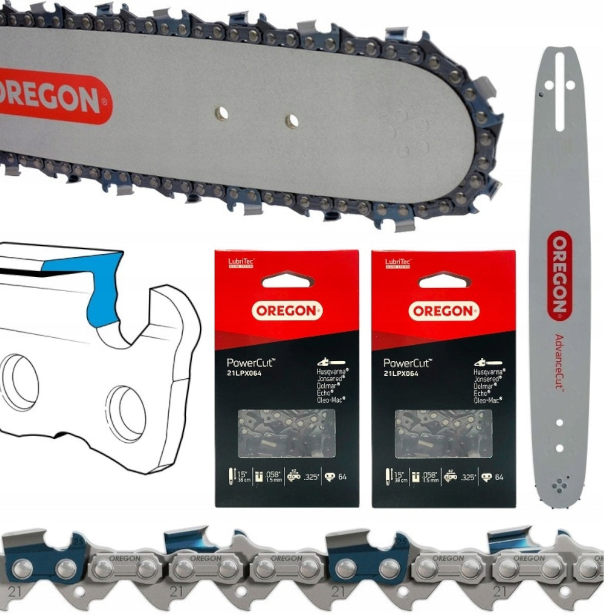 GUIDE OREGON 15'' 325 1,5 64 OG +2x CHAIN FOR HUSQVARNA DOLMAR Power supply battery operated electric from mains handheld combustion