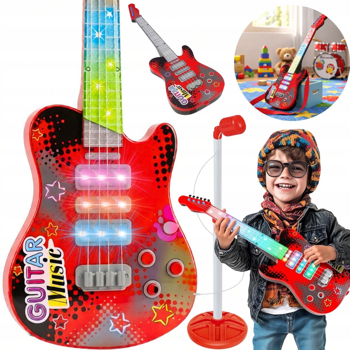 GUITAR WITH MICROPHONE LIGHT SOUND SET FOR KIDS FOR KARAOKE INTRUMENT