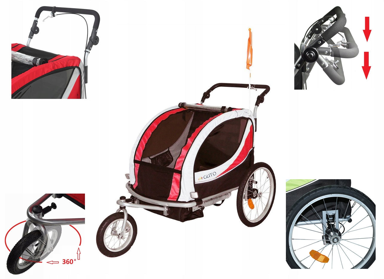 GUTO Bicycle Trailer Trolley DELUXE 2in1 HOL for 2 children up to 40kg RED/GREY