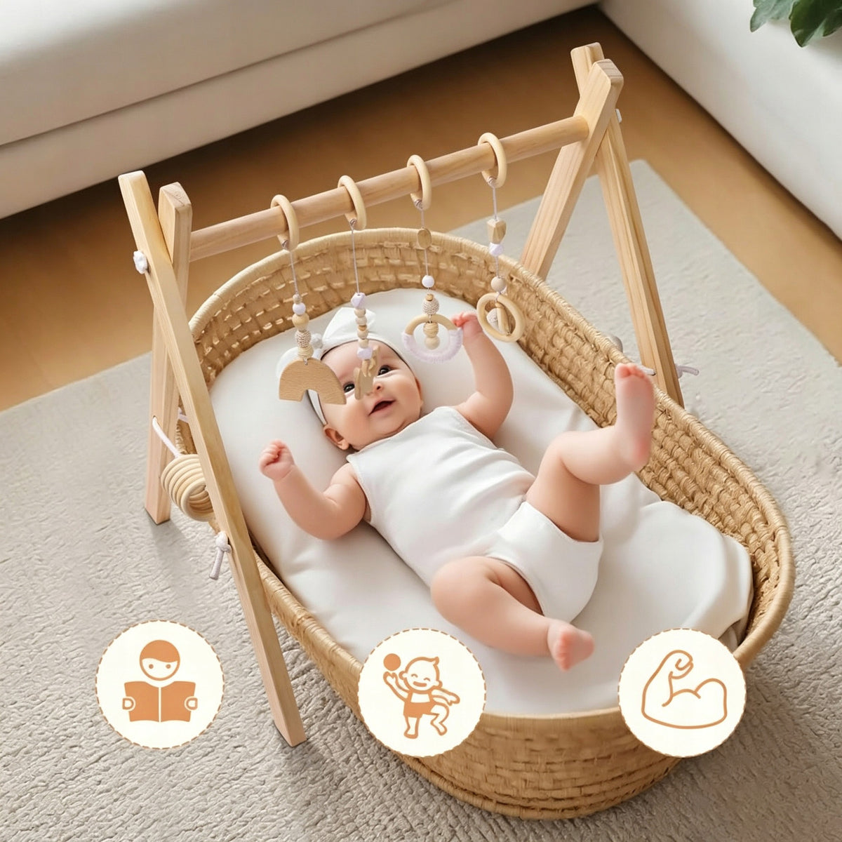 GYM FOR BABIES – WOODEN, EDUCATIONAL, WITH 4 PENDANTS Kid's age 1＋ month