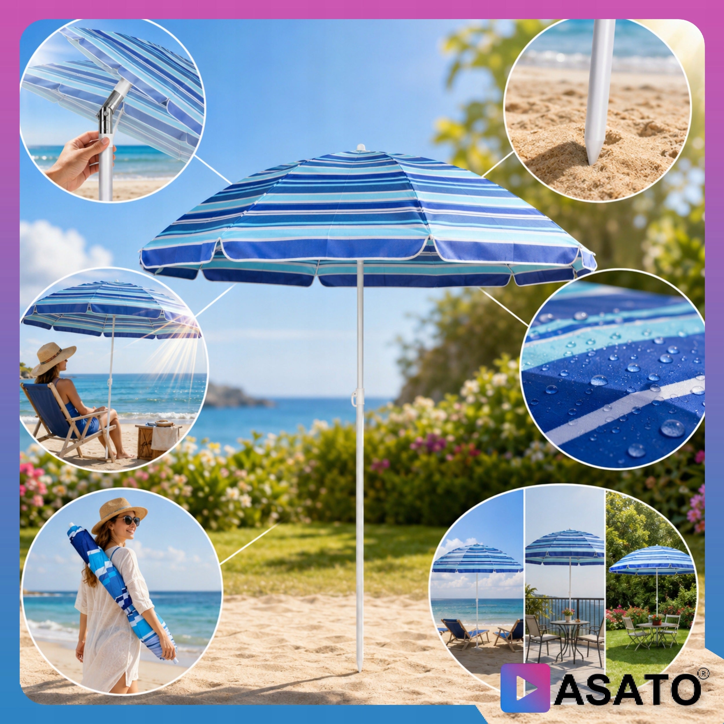 Garden Beach Umbrella Folding Premium Broken For Balcony Driven XL 180cm Manufacturer code Asato Plażowy Parasol Ogrodowy 2w1