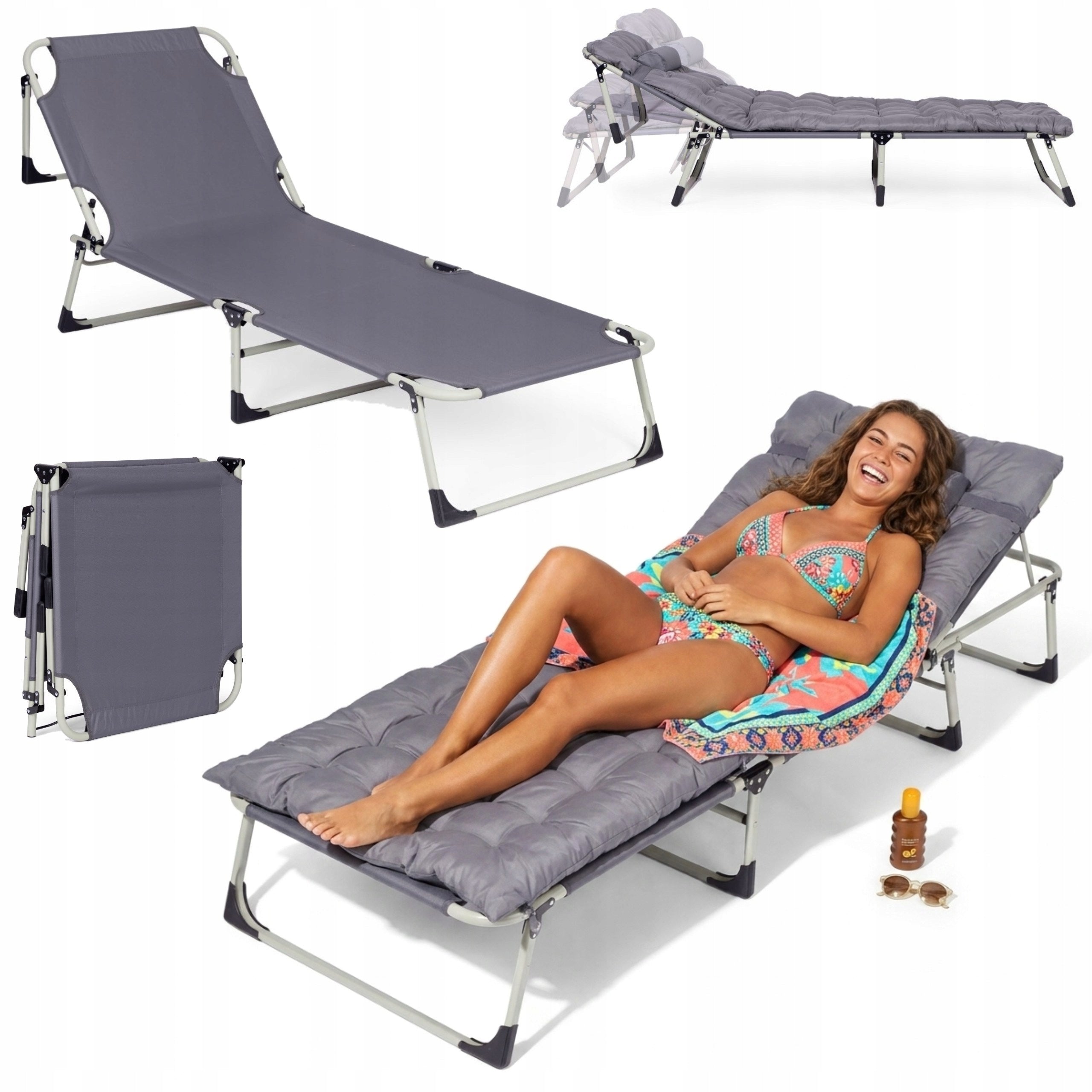 Garden Fishing Lounger Folding Lounger With Cushion 193 cm Steel Grey