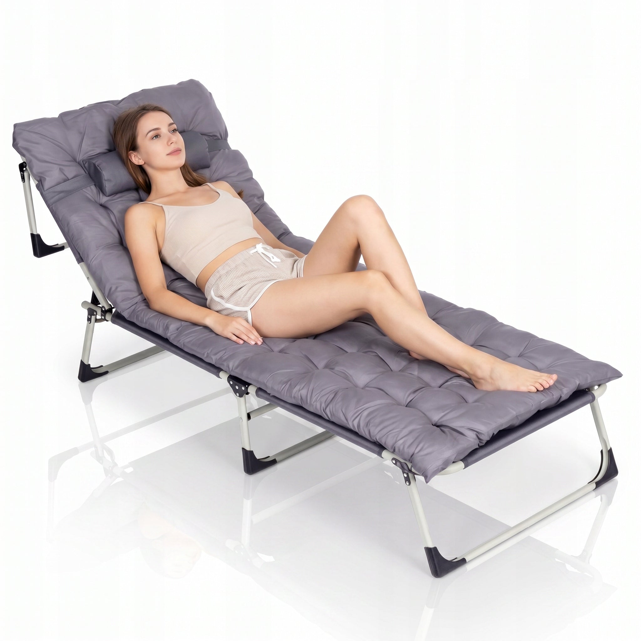 Garden Fishing Lounger Folding Mattress Cushion Adjustable Backrest Grey Packaging status original
