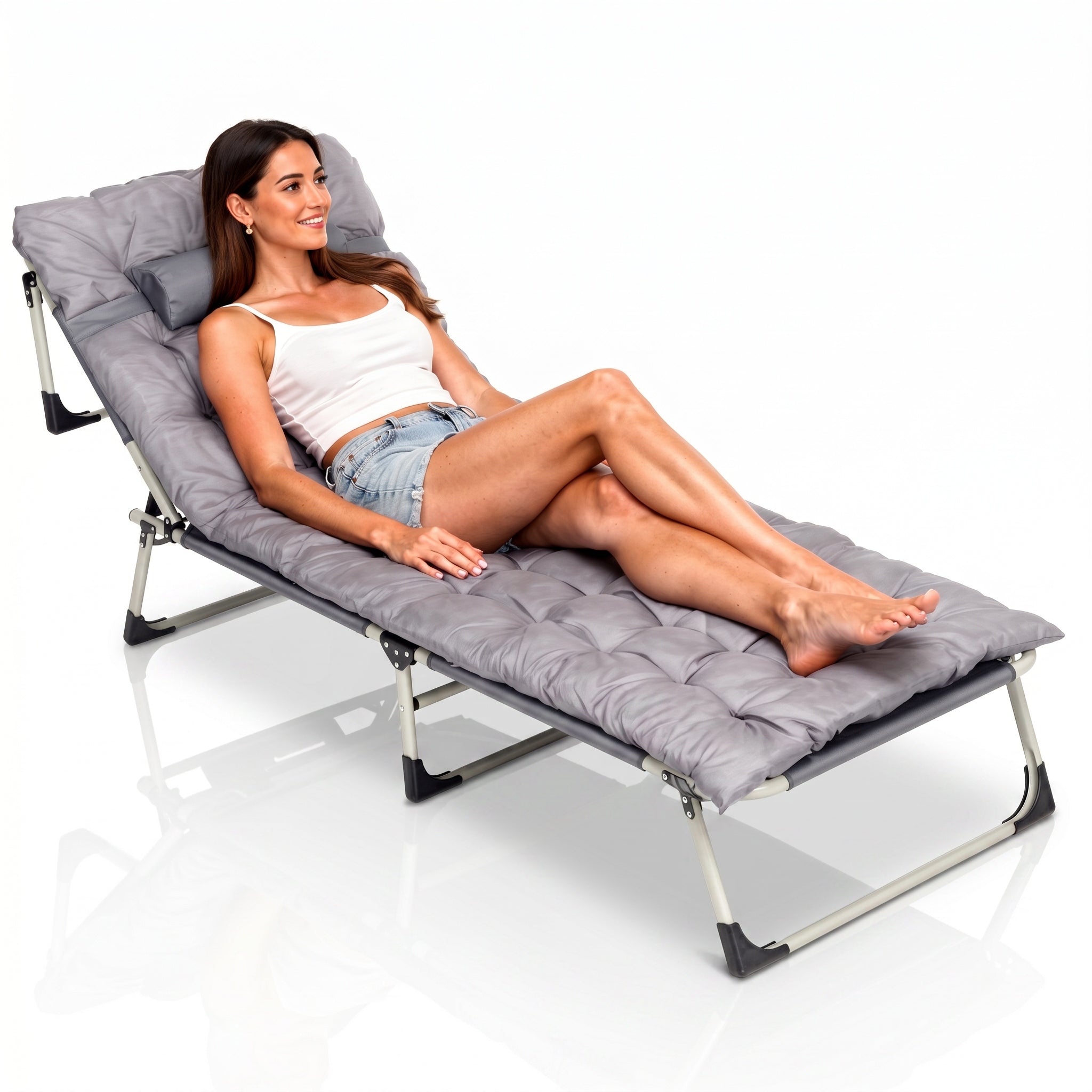 Garden Fishing Lounger Folding Mattress Cushion Adjustable Backrest Grey