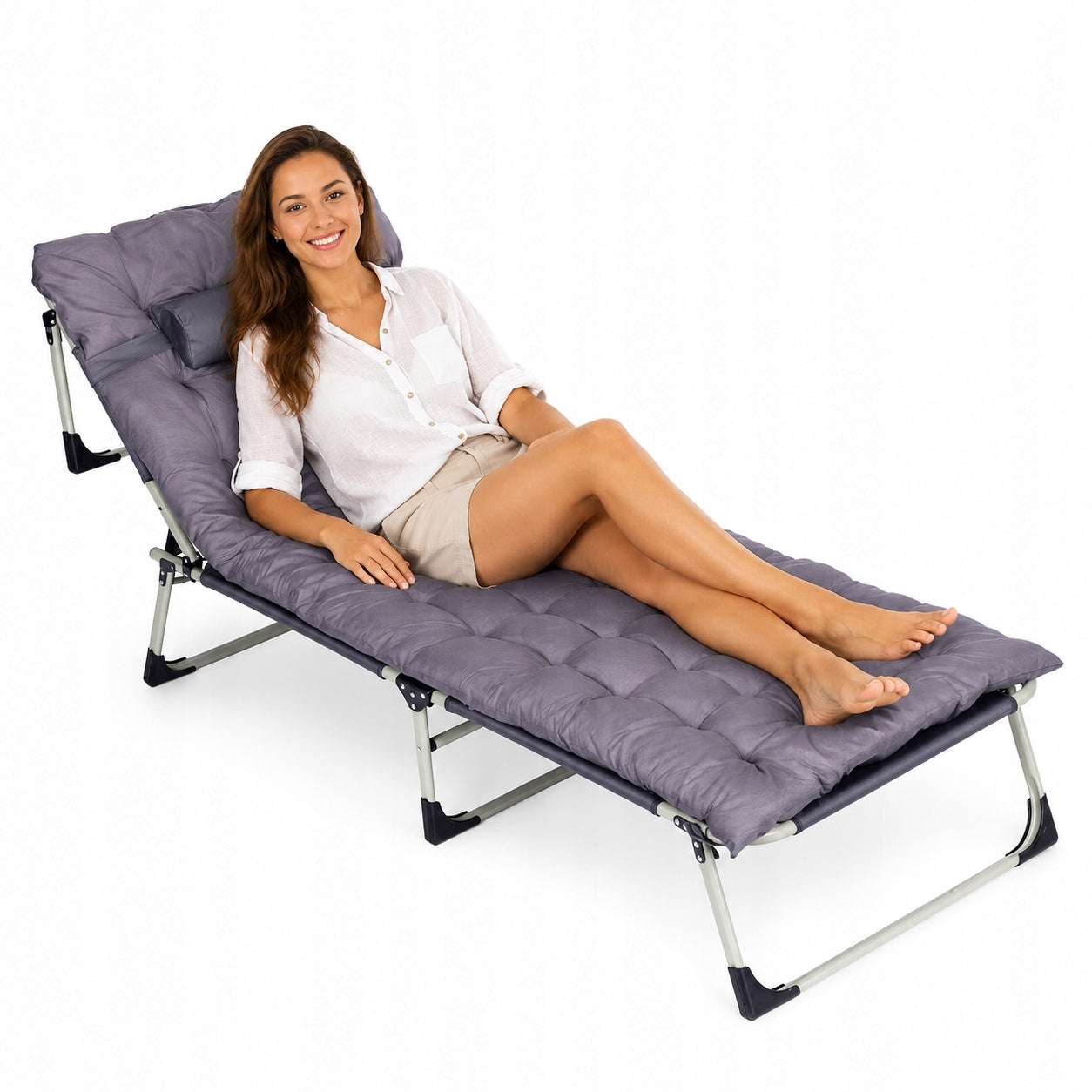 Garden Fishing Lounger Folding With Mattress And Camping Pillow Grey