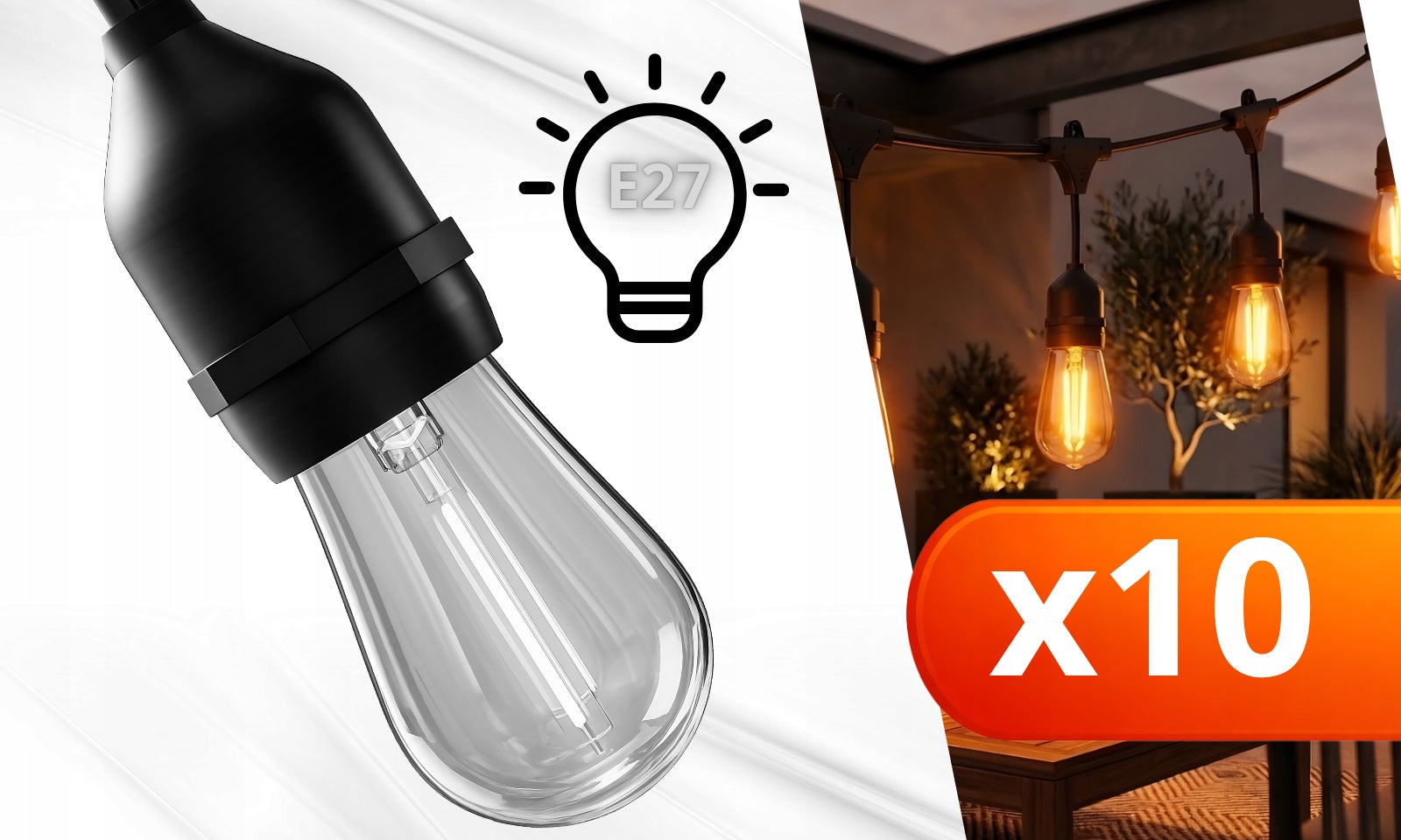 Garden GARLAND Light 10M 10X LED Bulb E27 Waterproof Lights THICK Brand SPI 55