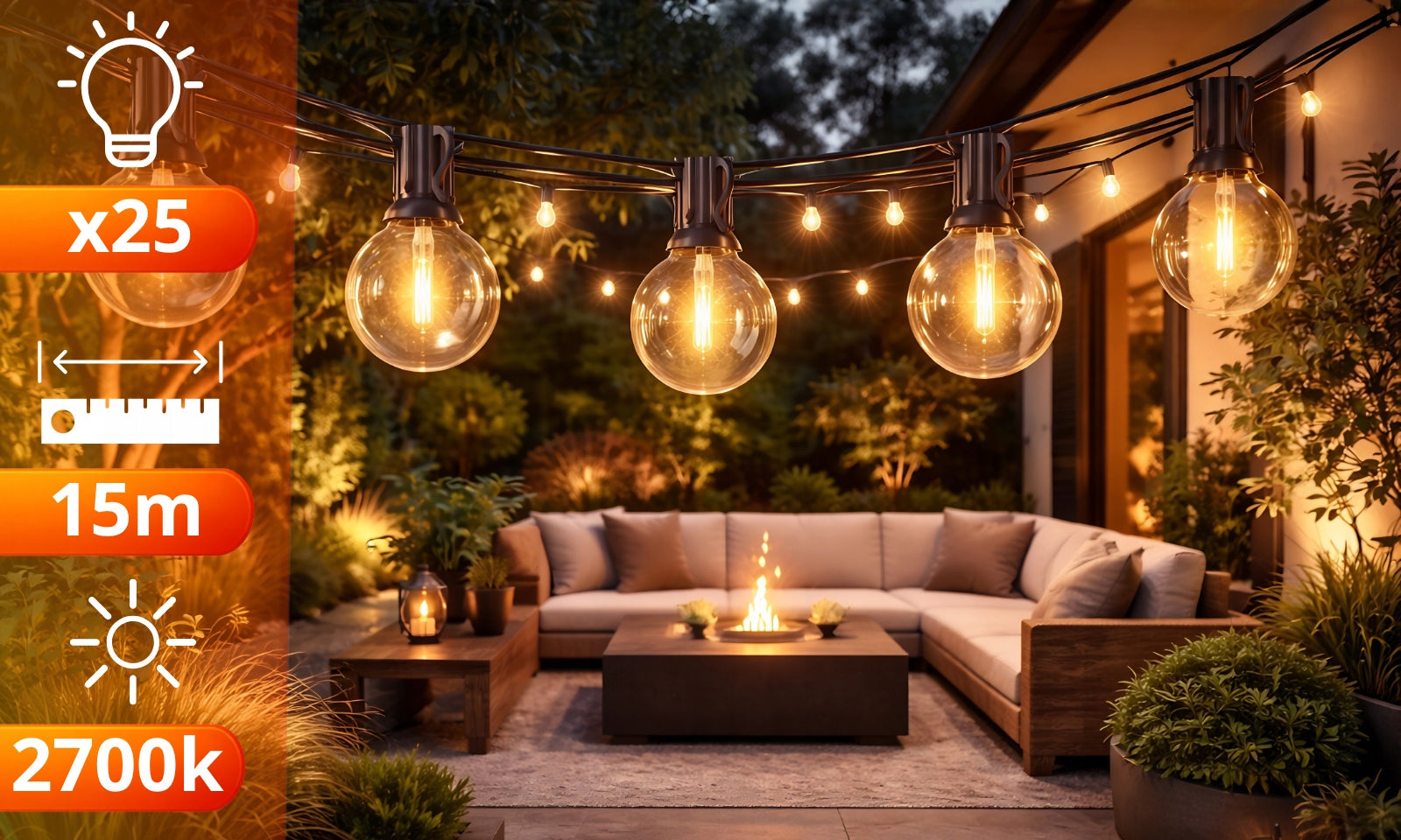 Garden GARLAND Light 15M 25X LED Bulb E12 Waterproof Lights THICK Manufacturer code LAMPKI OGRODOWE GRUBY PRZEWÓD KULKI 15m FX092