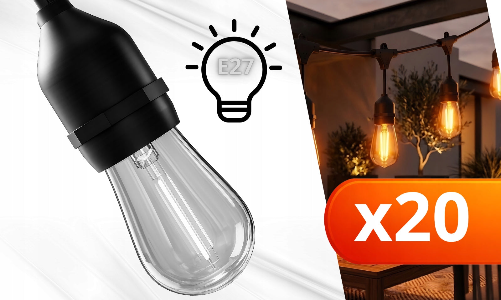 Garden GARLAND Light 20M 20X LED Bulb E27 Waterproof Lights THICK Brand SPI 55