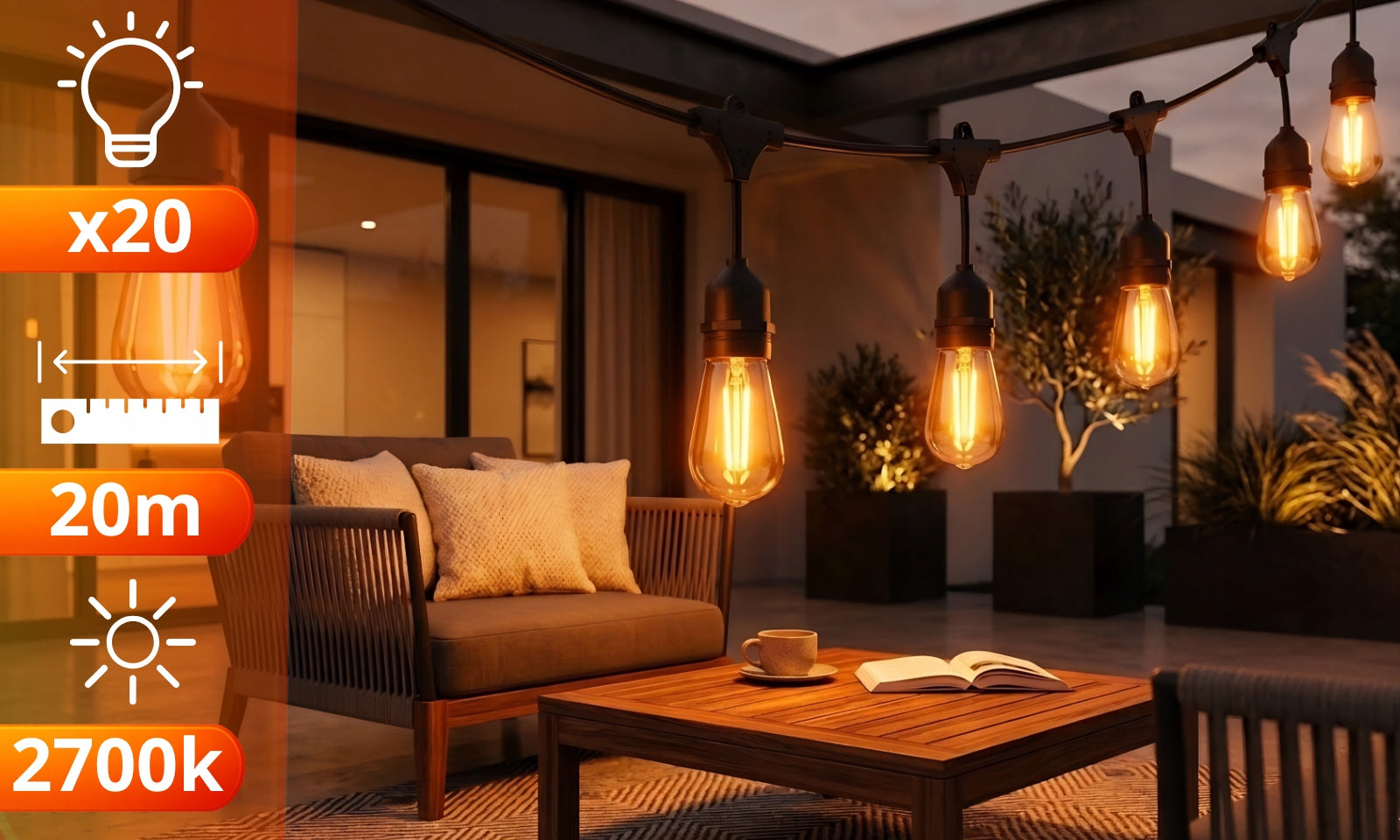 Garden GARLAND Light 20M 20X LED Bulb E27 Waterproof Lights THICK Manufacturer code LAMPKI OGRODOWE GRUBY PRZEWÓD ŁAŃCUCH 20m