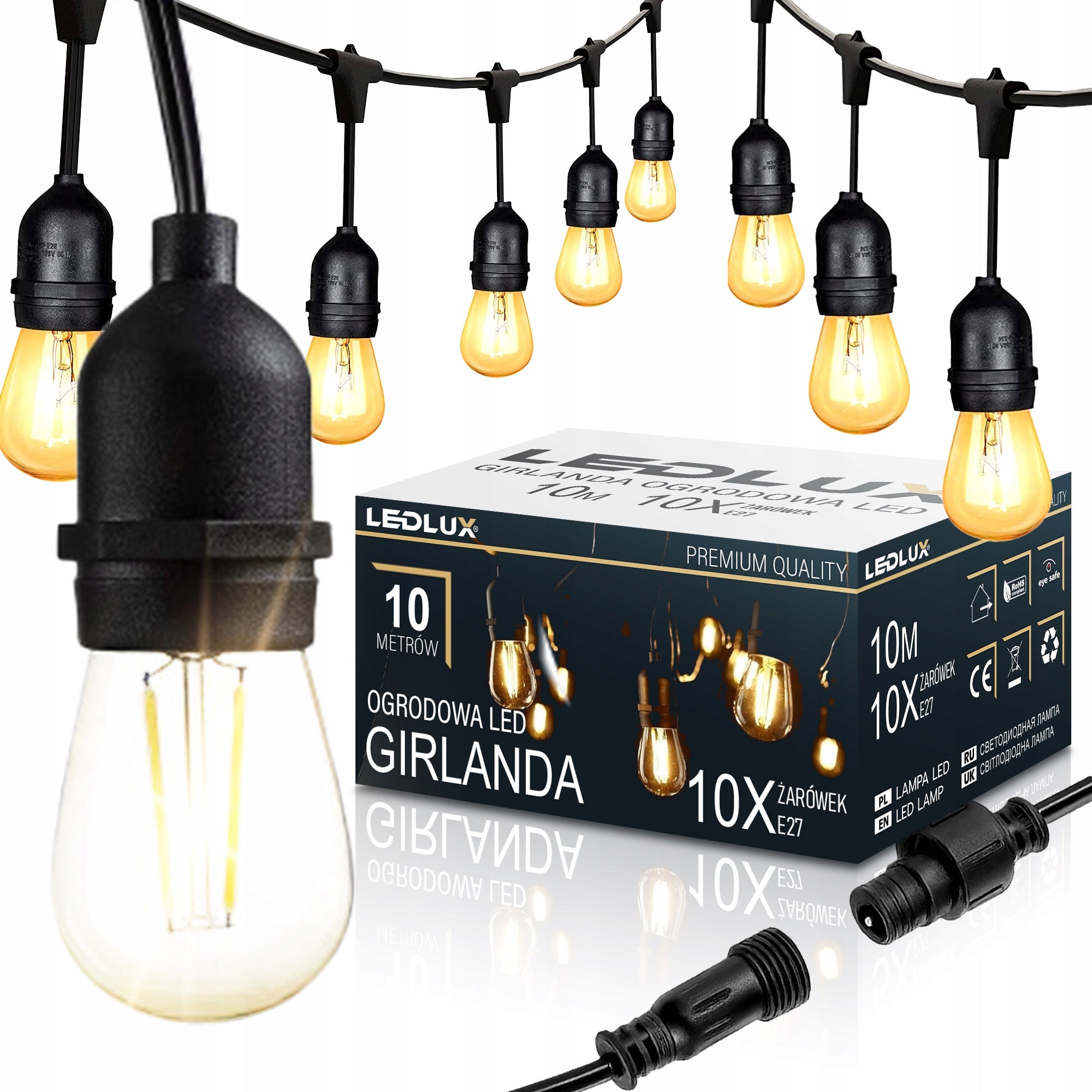 Garden Garland Light 10M 10X LED Bulb E27 + Waterproof Cord