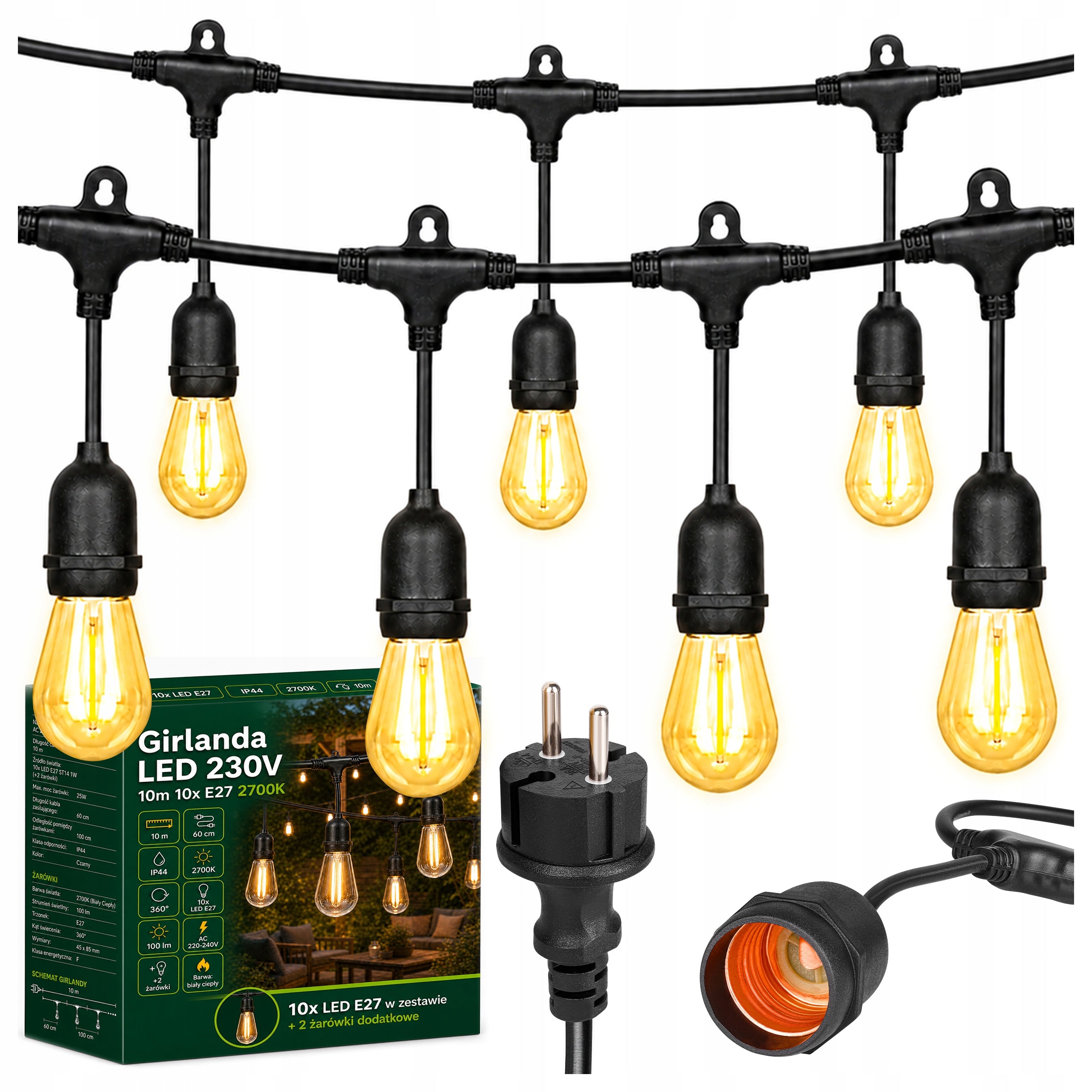 Garden Garland Light 10M 10X LED Bulb E27 Waterproof Cord