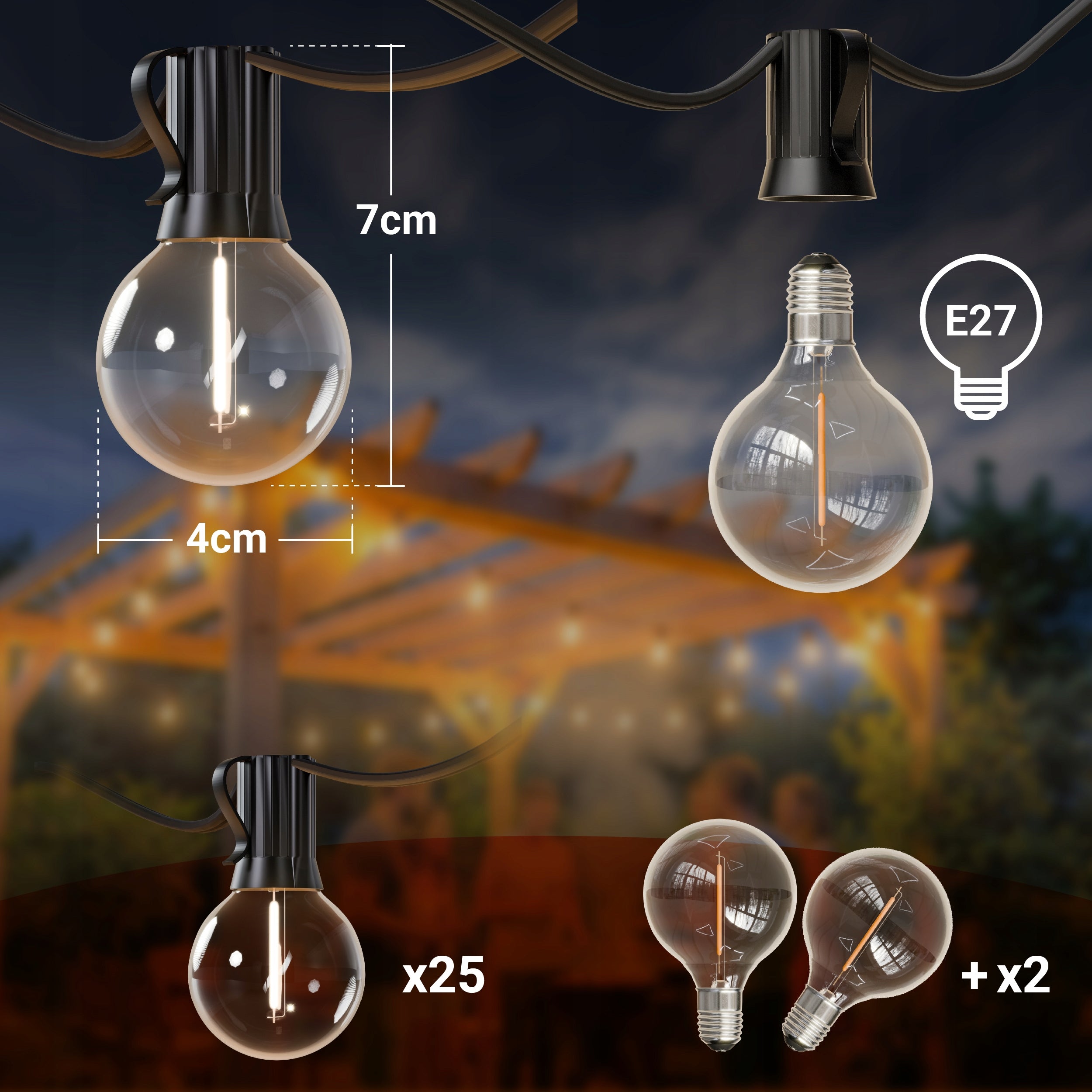 Garden Garland Light 15M 25X LED Bulb 1W Chain + freebie 2X E12 Length 1500 cm