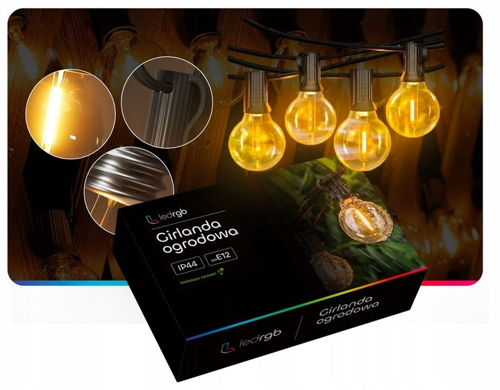 Garden Garland Light 15M 50X LED Bulbs E12 Waterproof Durable Packaging status original
