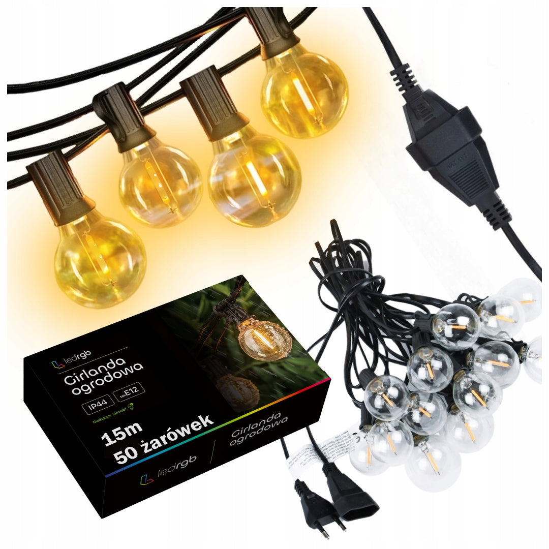 Garden Garland Light 15M 50X LED Bulbs E12 Waterproof Durable