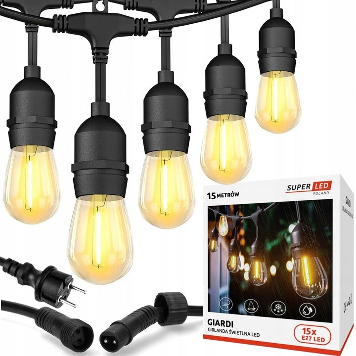 Garden Garland Light 15m + 15x LED Bulbs E27 + Waterproof Cord