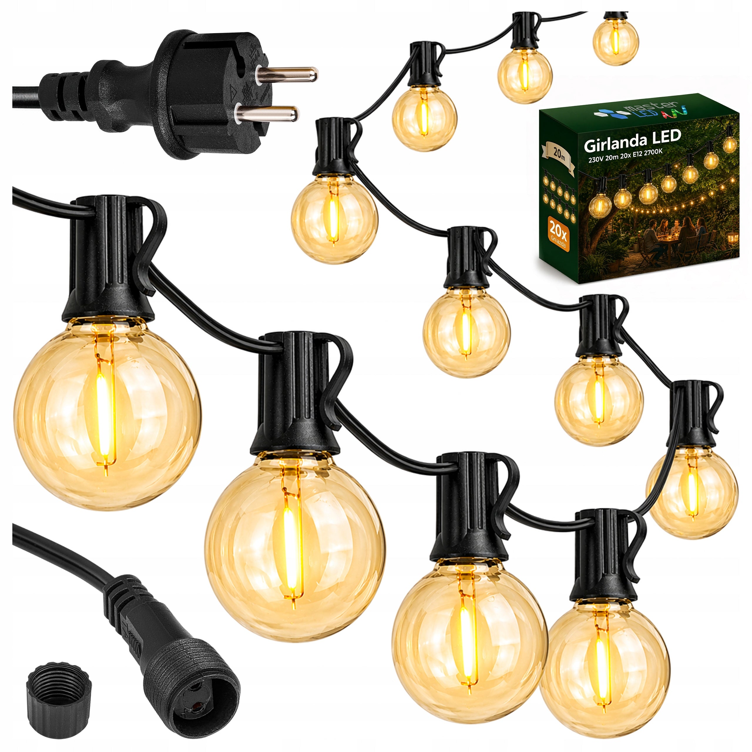 Garden Garland Light 20M 20X LED Bulb E12 + 2 Additional Bulbs