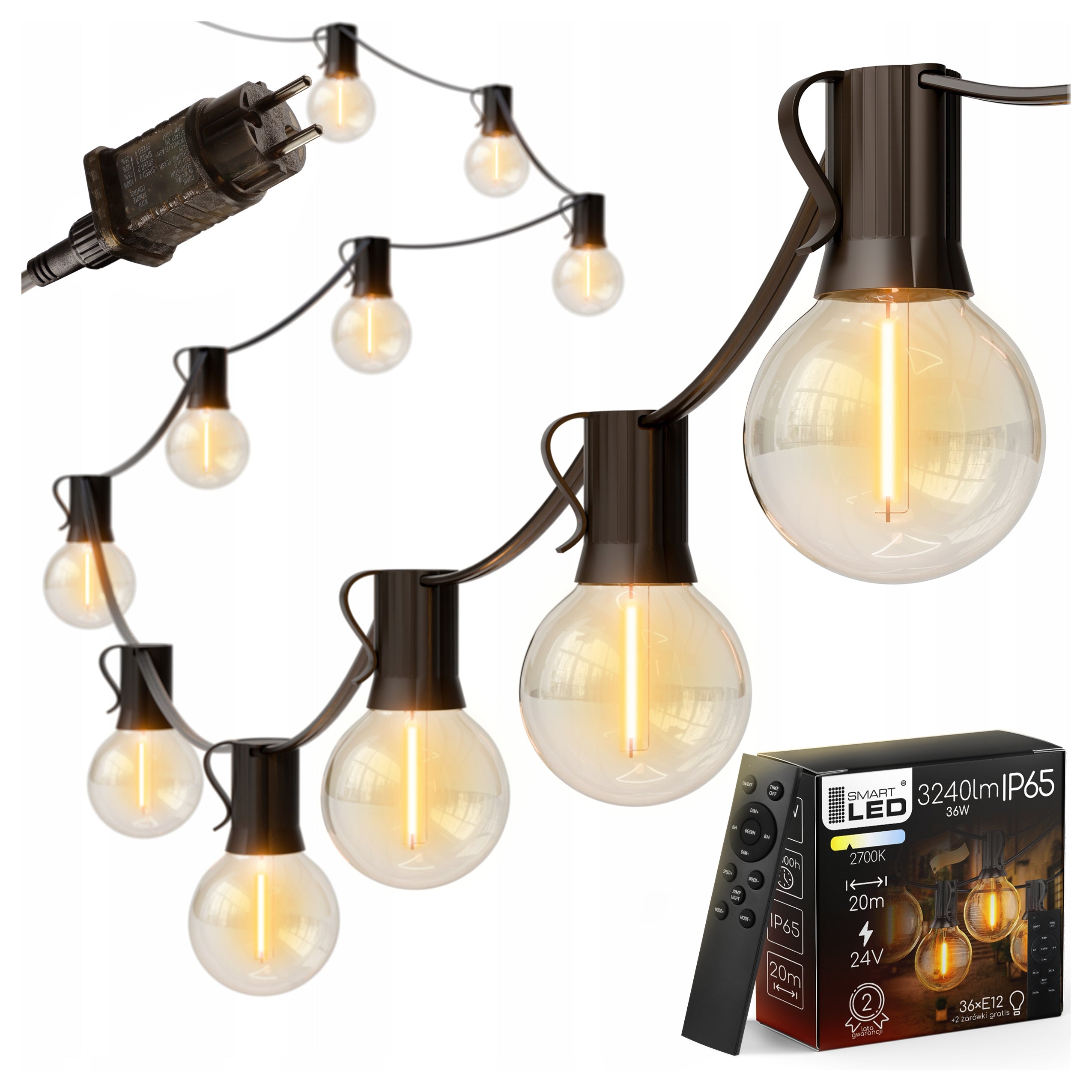 Garden Garland Light 20M 36X LED Bulb E12 Remote Control Dimmable Chain