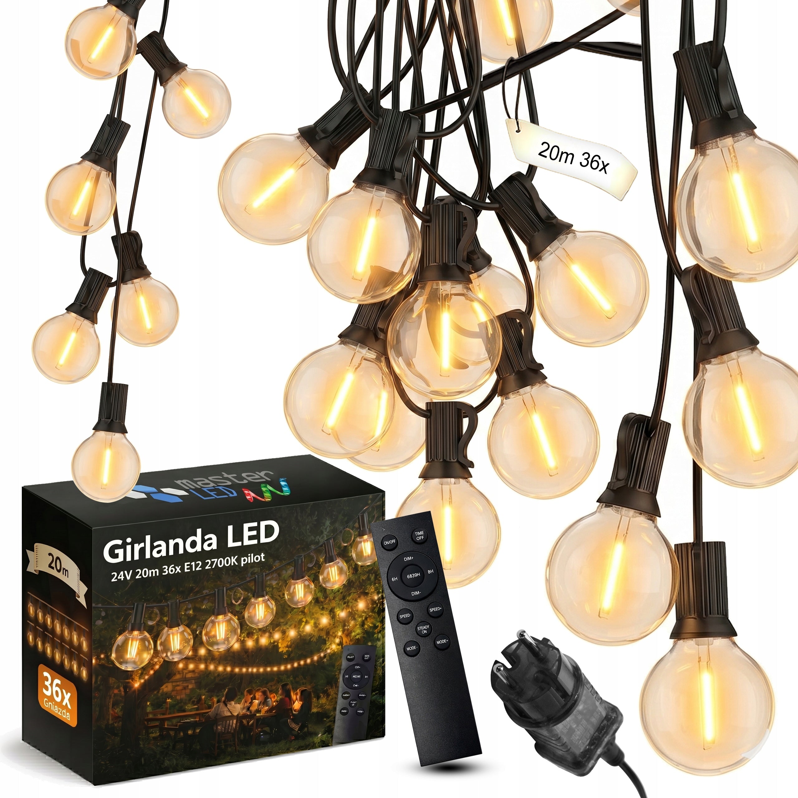 Garden Garland Light 20M 36X LED Bulb E12 + Waterproof Cord