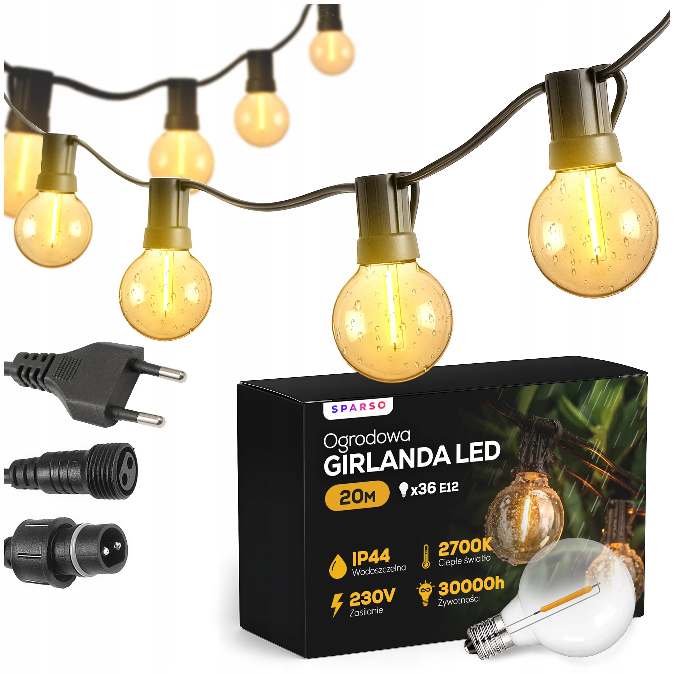 Garden Garland Light 20M 36X LED Bulb Lights Chain WATERPROOF