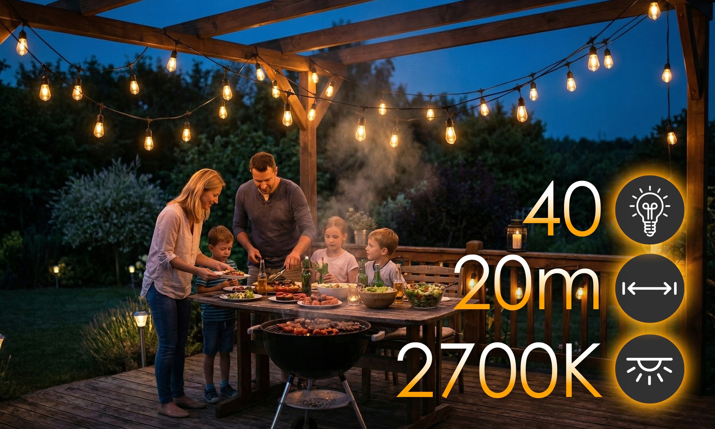 Garden Garland Light 20M 40X LED Bulb E27 Chain Waterproof Manufacturer code GIRLANDA ŁAŃCUCH OGRODOWA E27