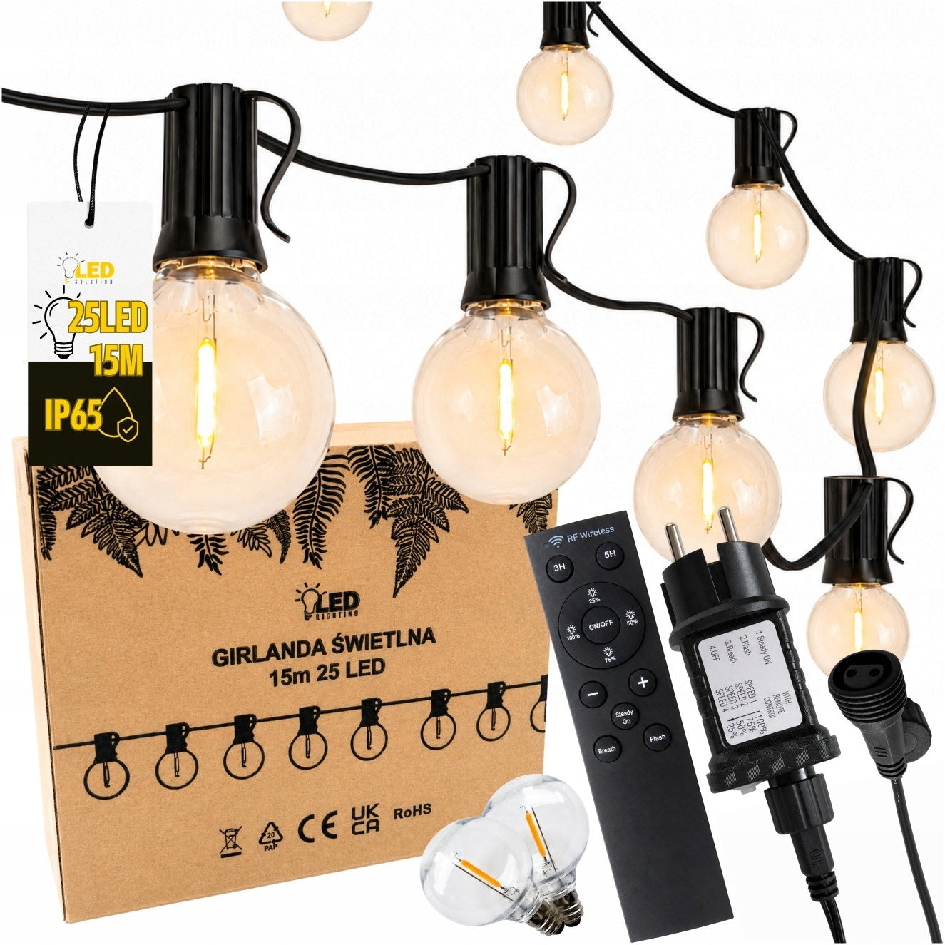 Garden Garland Light Balcony LED Remote Control 15m Outdoor 25 Bulbs