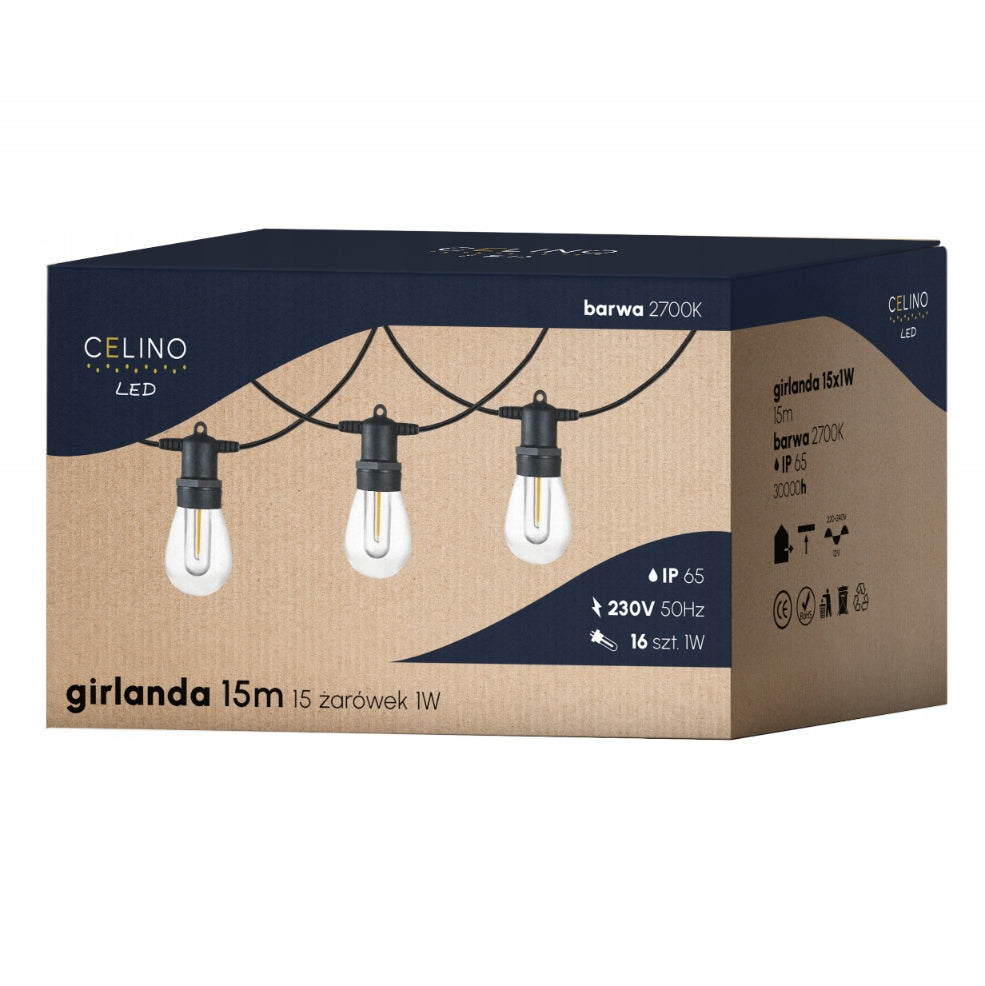 Garden Garland Light LED 15m Terrace Chain WATERPROOF 16x Bulbs Brand no brand
