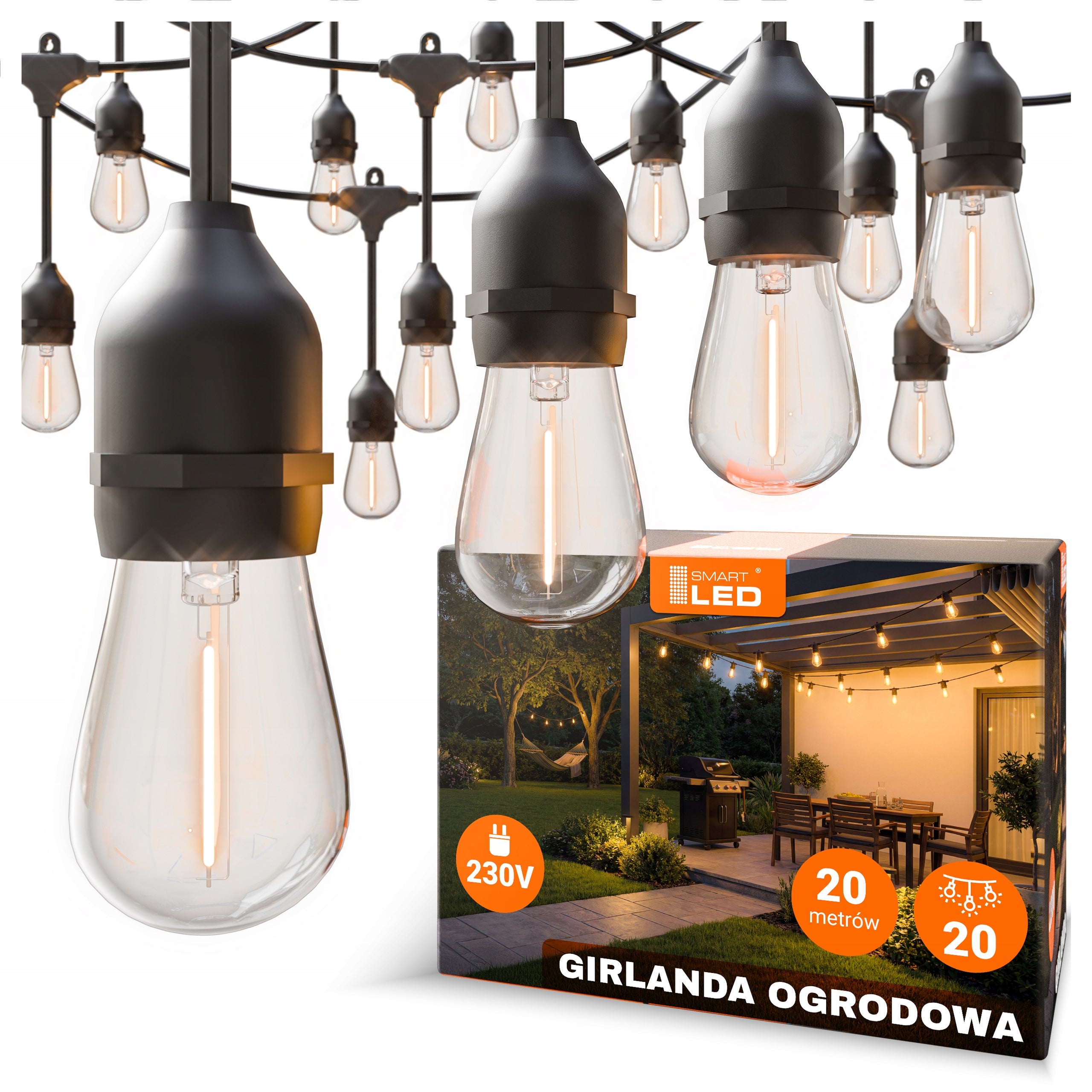 Garden Garland Lights 20M 20X E27 LED Bulb + Waterproof Cable