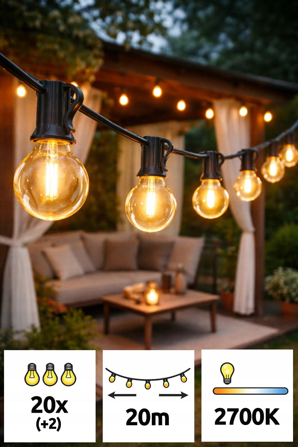 Garden Garland Outdoor Chain 20m + 20x LED Bulb G40 + 2x freebie Packaging status original