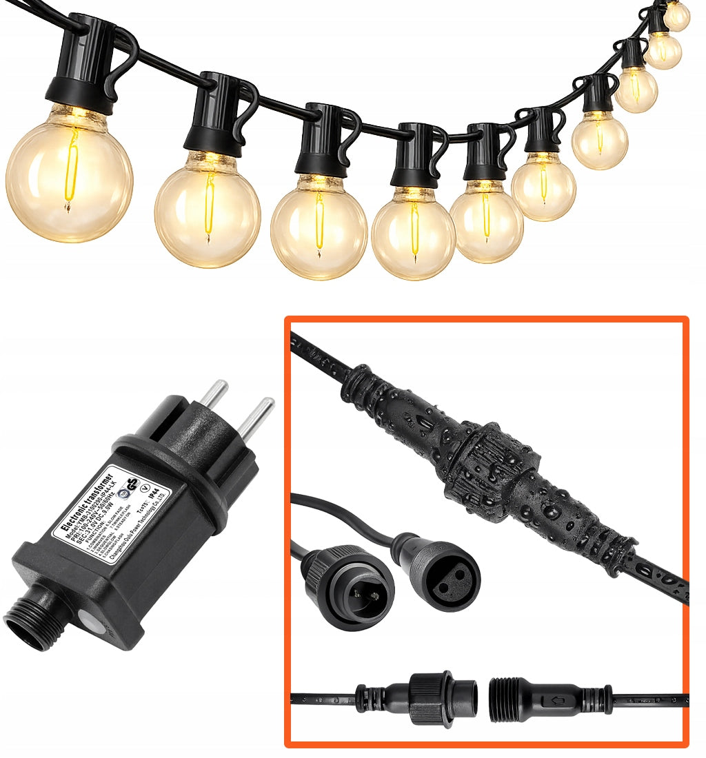 Garden Garland Outdoor Chain 20m + 36x LED Bulb + 2 freebie Remote Control Power supply mains