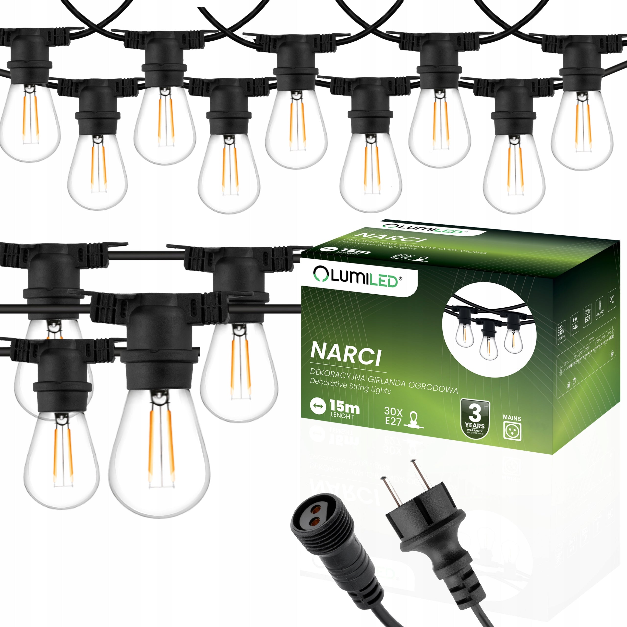 Garden Garland Outdoor Chain LED Bulb 15m 30x E27 2W PREMIUM