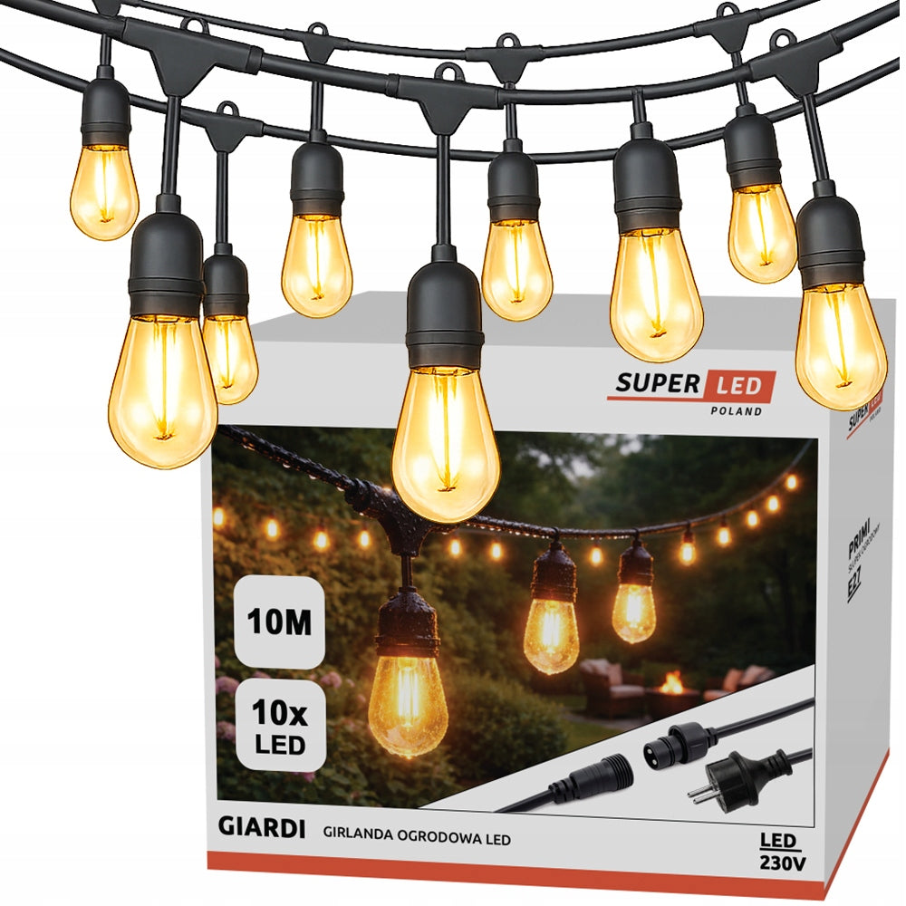Garden Garland Outdoor Light Chain 10m + 10x LED Bulb E27
