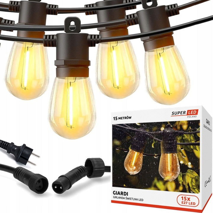 Garden Garland Outdoor Light Chain 15m + 15x LED Bulb E27