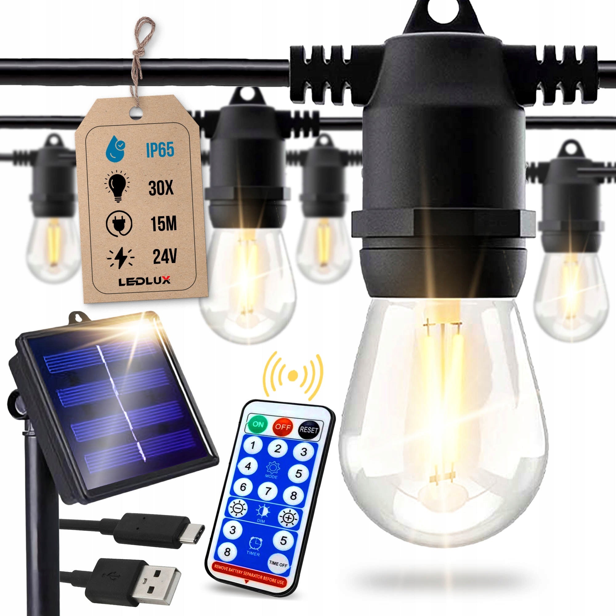 Garden Garland Solar Outdoor Lights 15m 30x LED Bulb E27 + Remote Control
