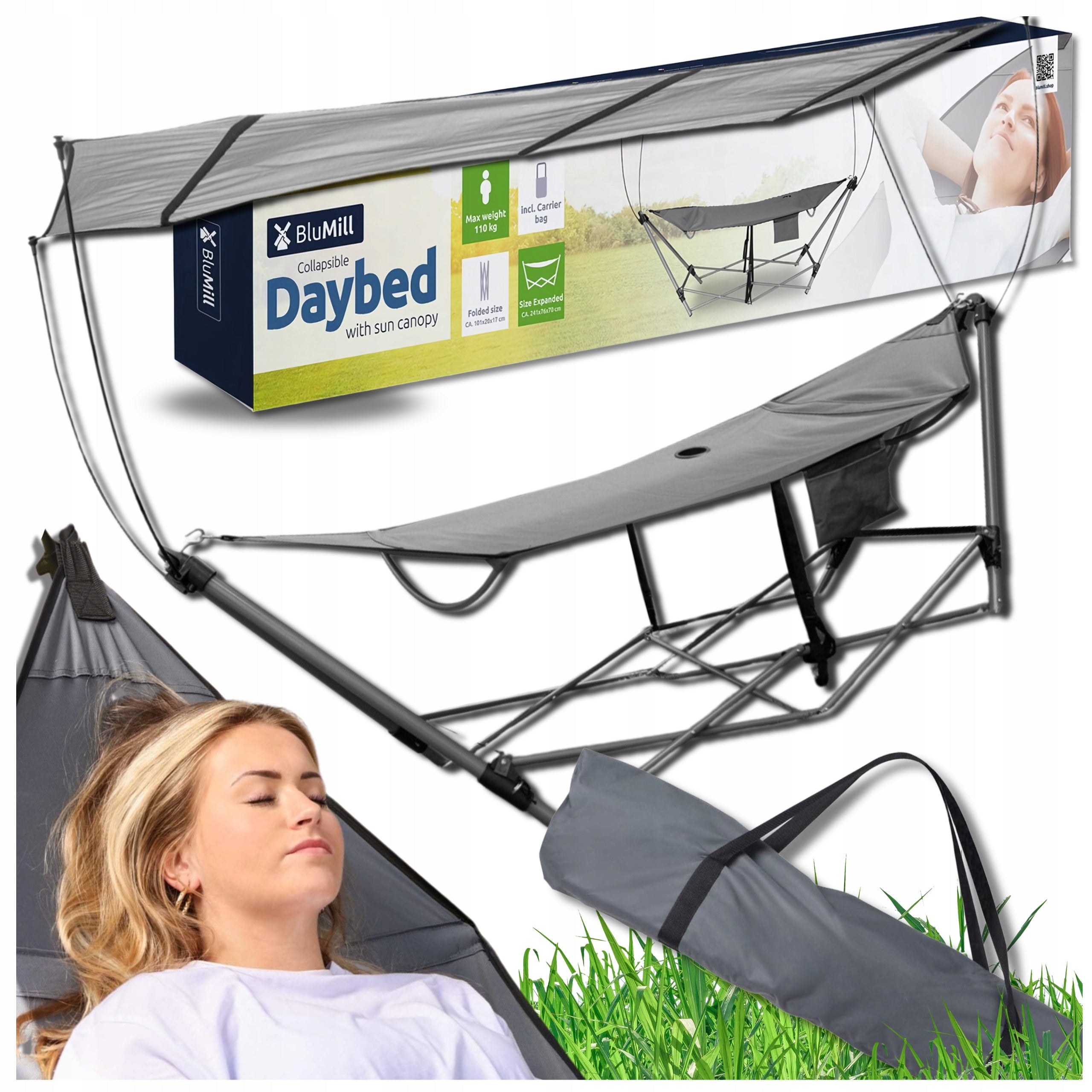 Garden Hammock on RACK with VISOR Frame BluMill Portable Bag