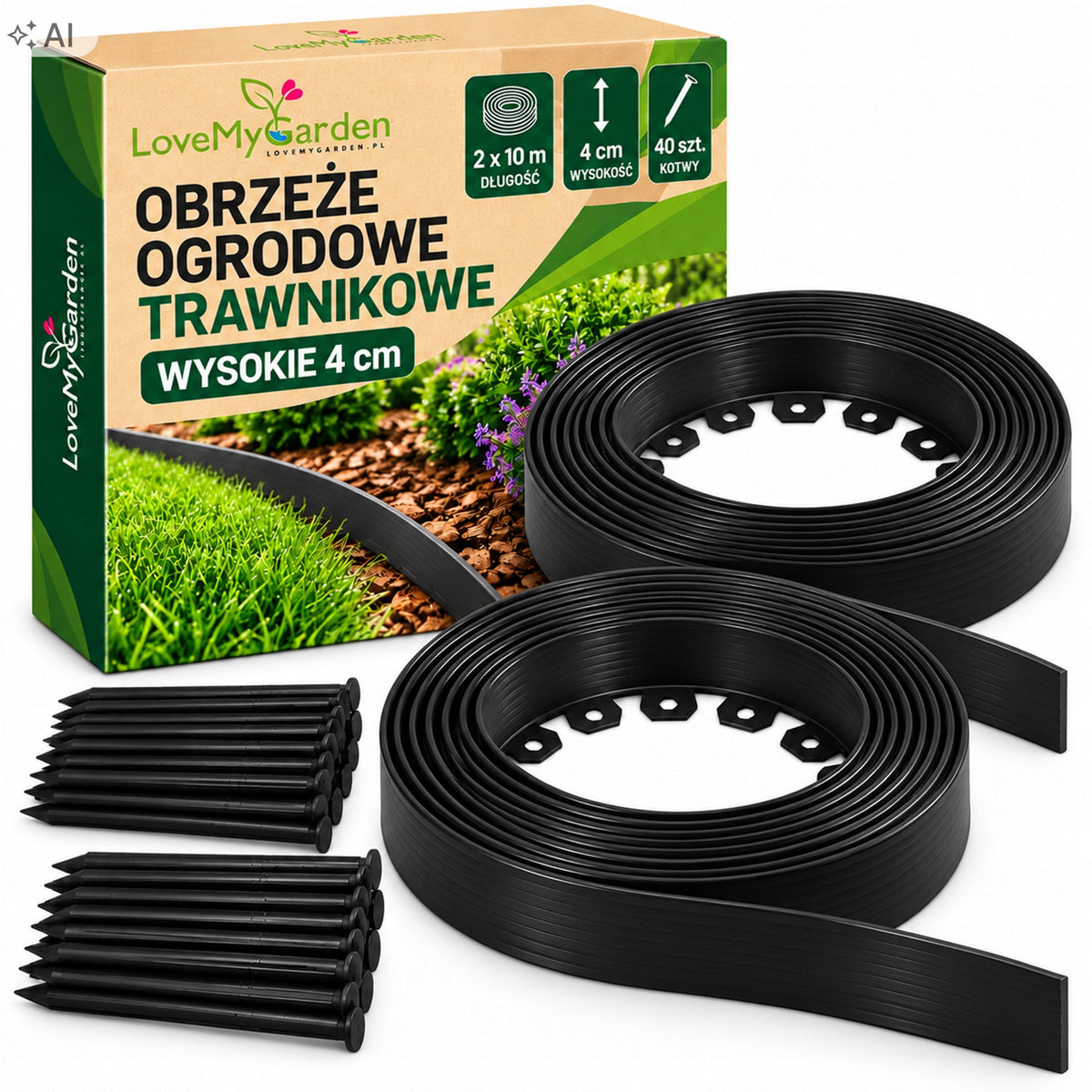 Garden Lawn edging 20 meters + 40 Anchors Black 40mm Plastic