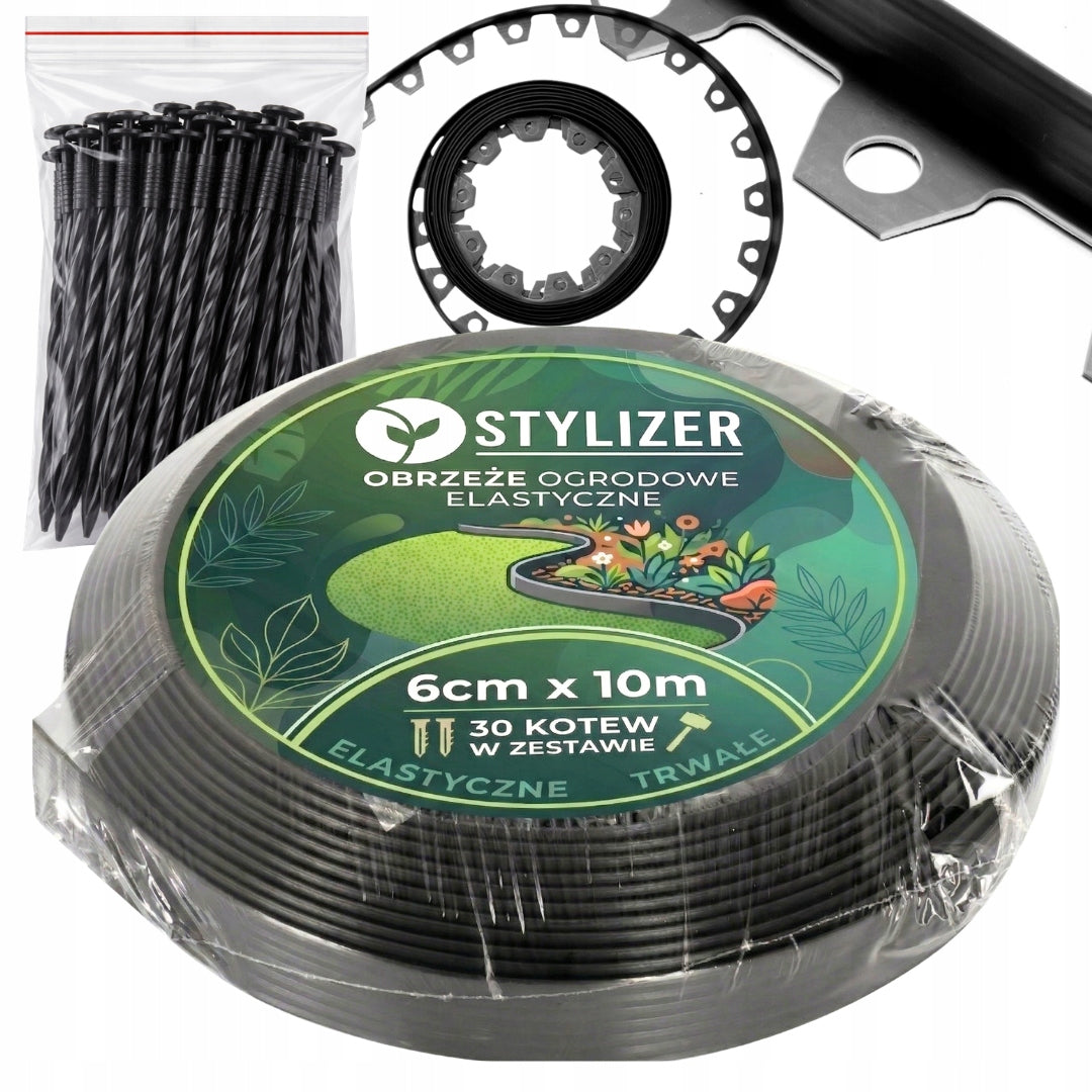 Garden Lawn edging Plastic ELASTIC Black 6cm 10m + Pins