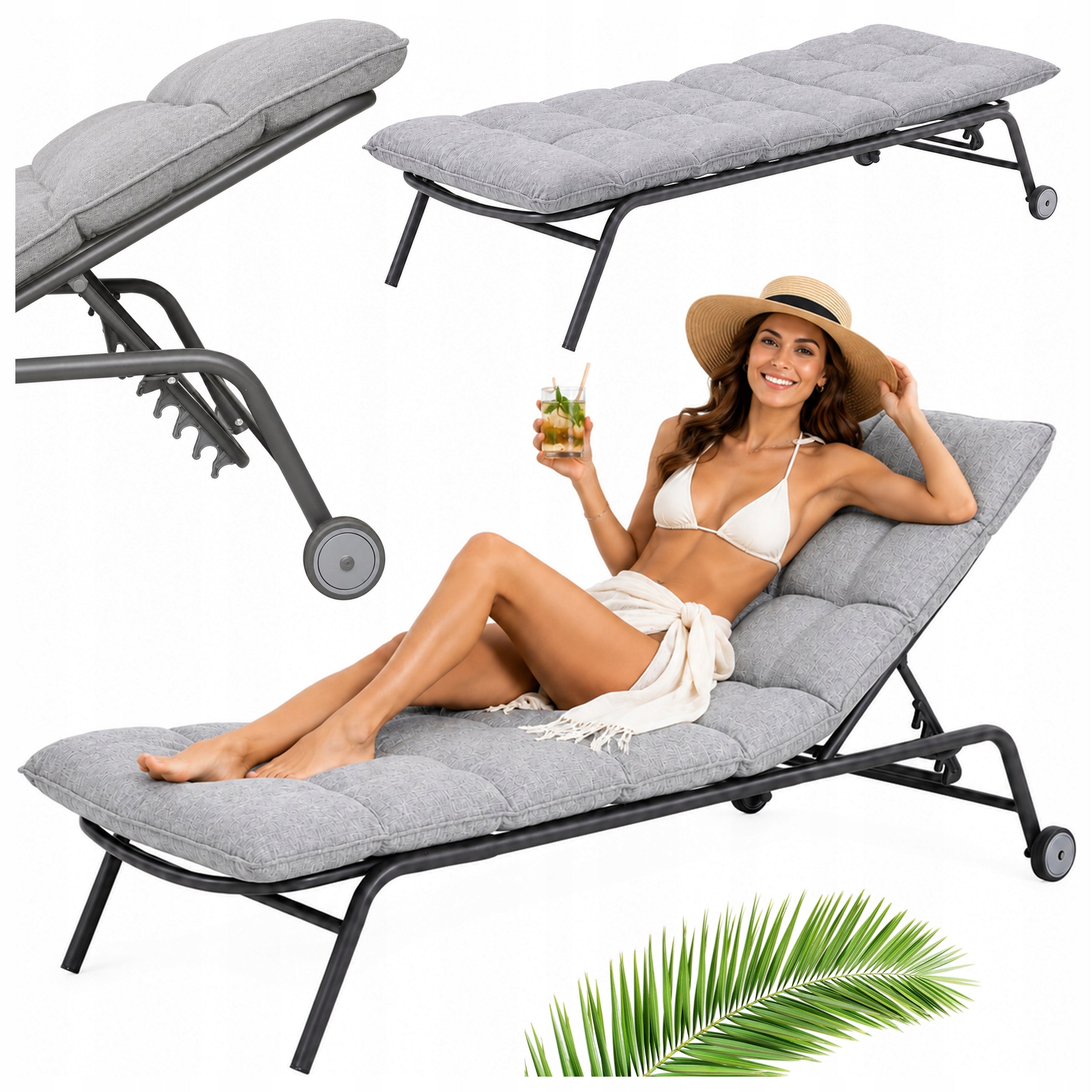 Garden Lounger with Cushion Adjustable 5-STEP BACKREST for Terrace Balcony