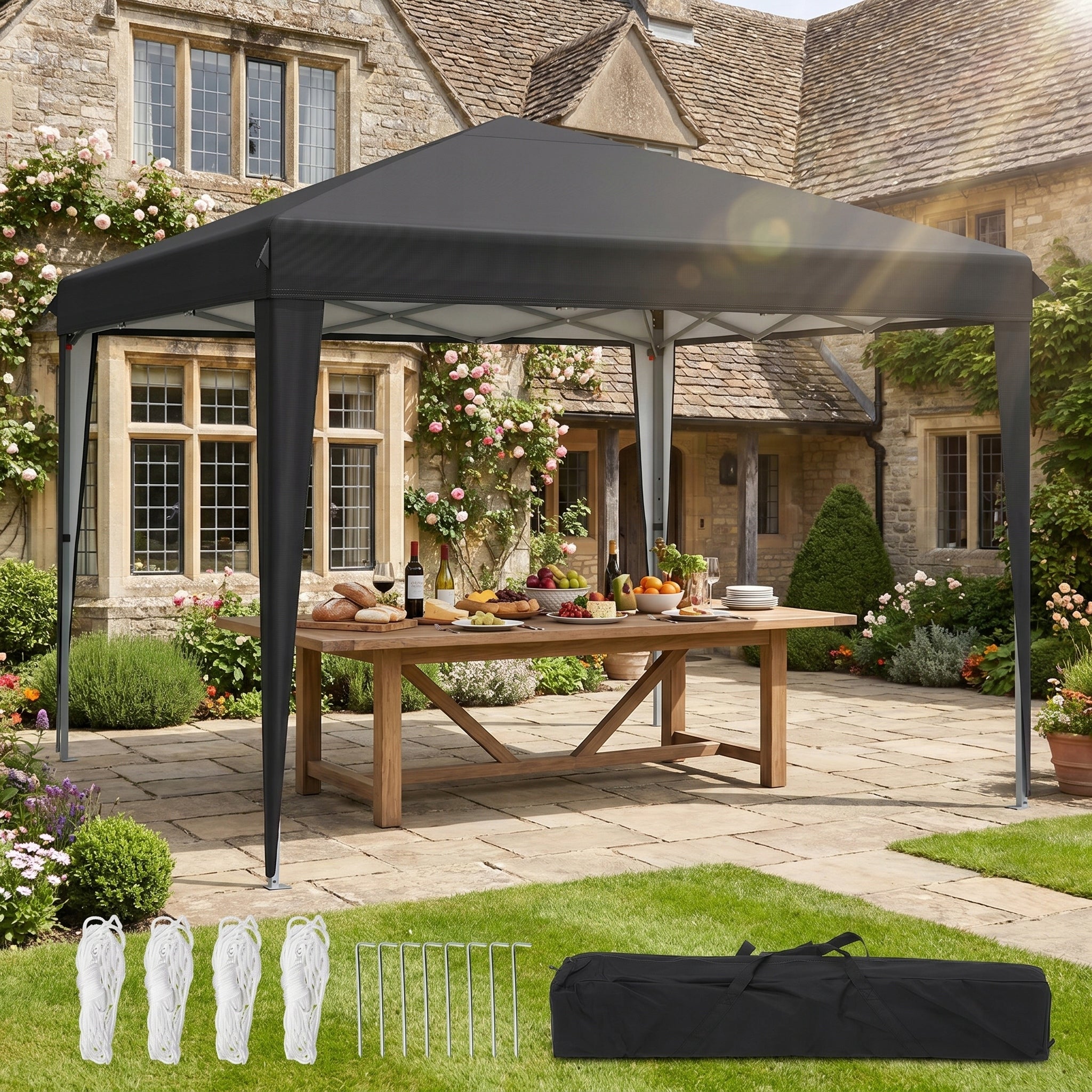 Garden Pavilion Tent Gazebo 3x3m Waterproof Metal Frame Camping Black Packaging status original